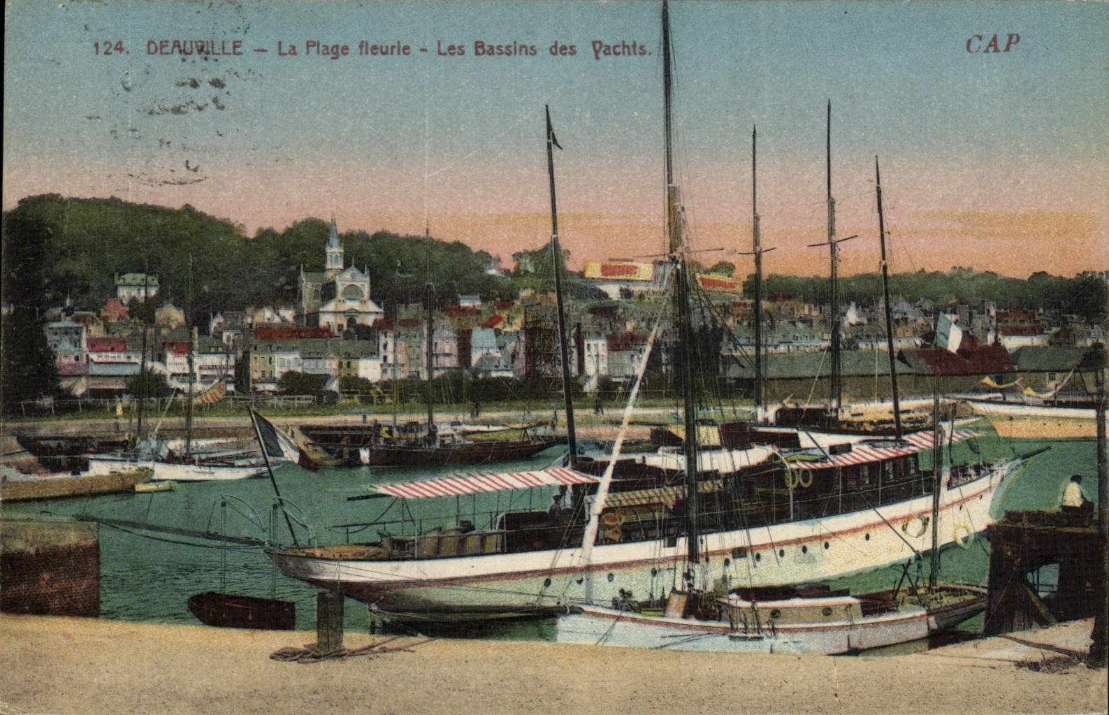 VINTAGE POSTCARD Deauville the flowered beach basins of the yachts Boats