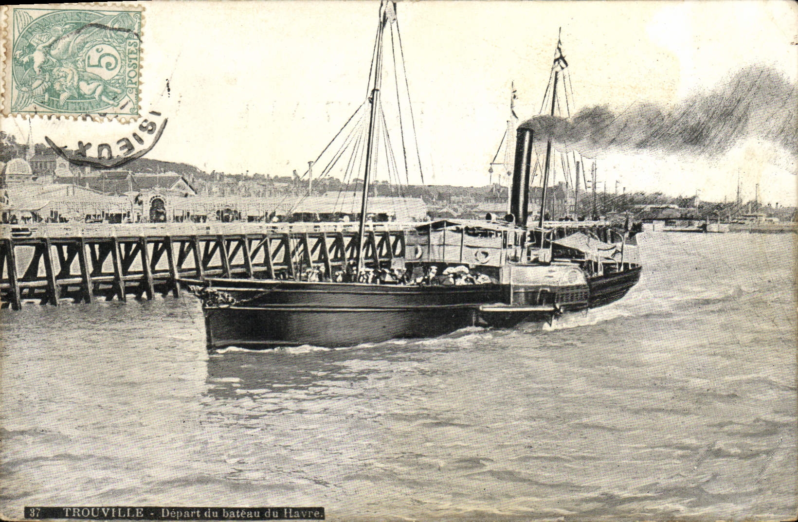 POSTAL Trouville de la VENDIMIA la salida del barco del barco de Le Havre