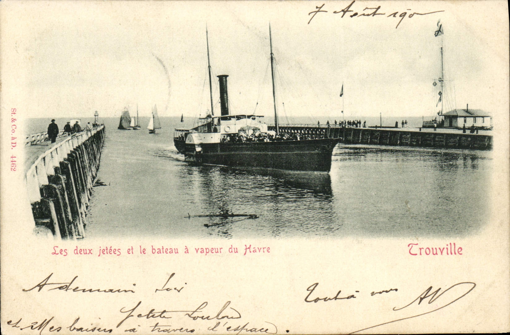POSTAL Trouville de la VENDIMIA en el mar los dos embarcaderos y el vapor de Le Havre