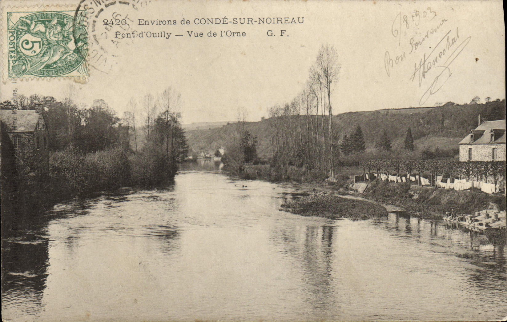VINTAGE POSTCARD Surroundings of cop on Noireau Bridge of Ouilly seen of the flowering ash
