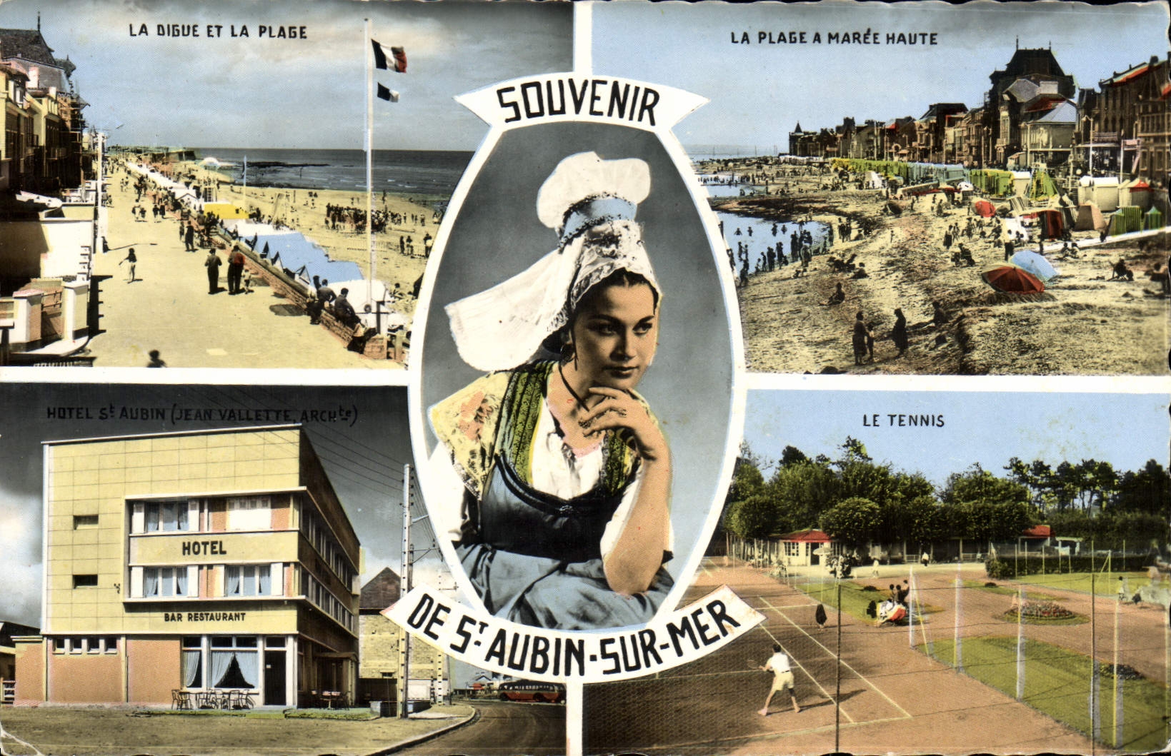 CPM St Aubin sur Mer Plage Tennis Hotel Bar Restaurant Coiffe Folklore