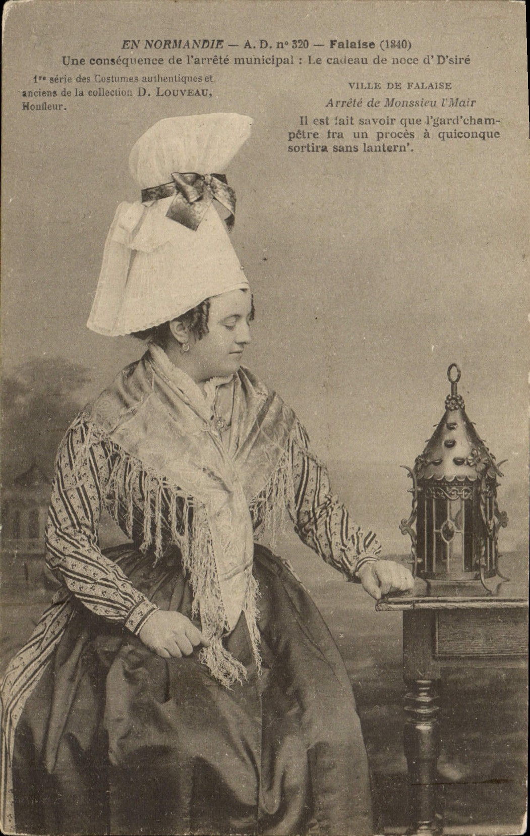 POSTAL de la VENDIMIA en Normandía Falaire una consecuencia de la ordenanza municipal local el regalo del traje del folklore de la boda