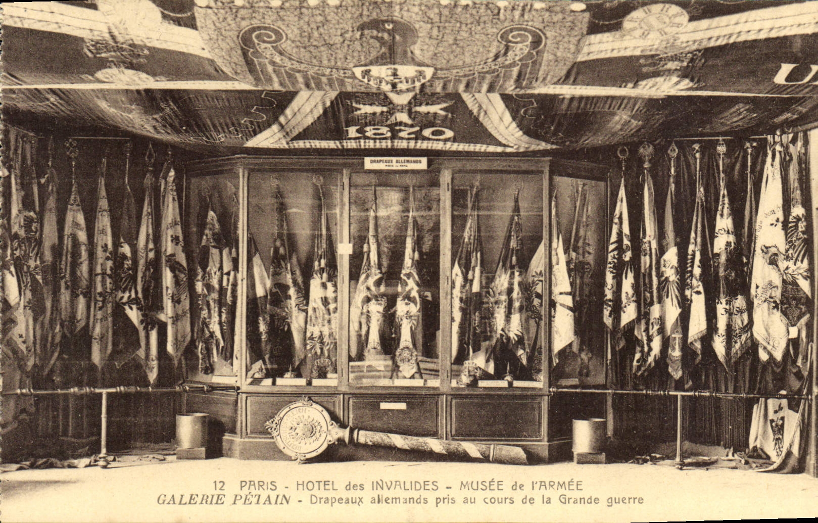 VINTAGE POSTCARD Paris Hotel of the Invalids Museum of the Army Gallery Petain German Flags Militaria