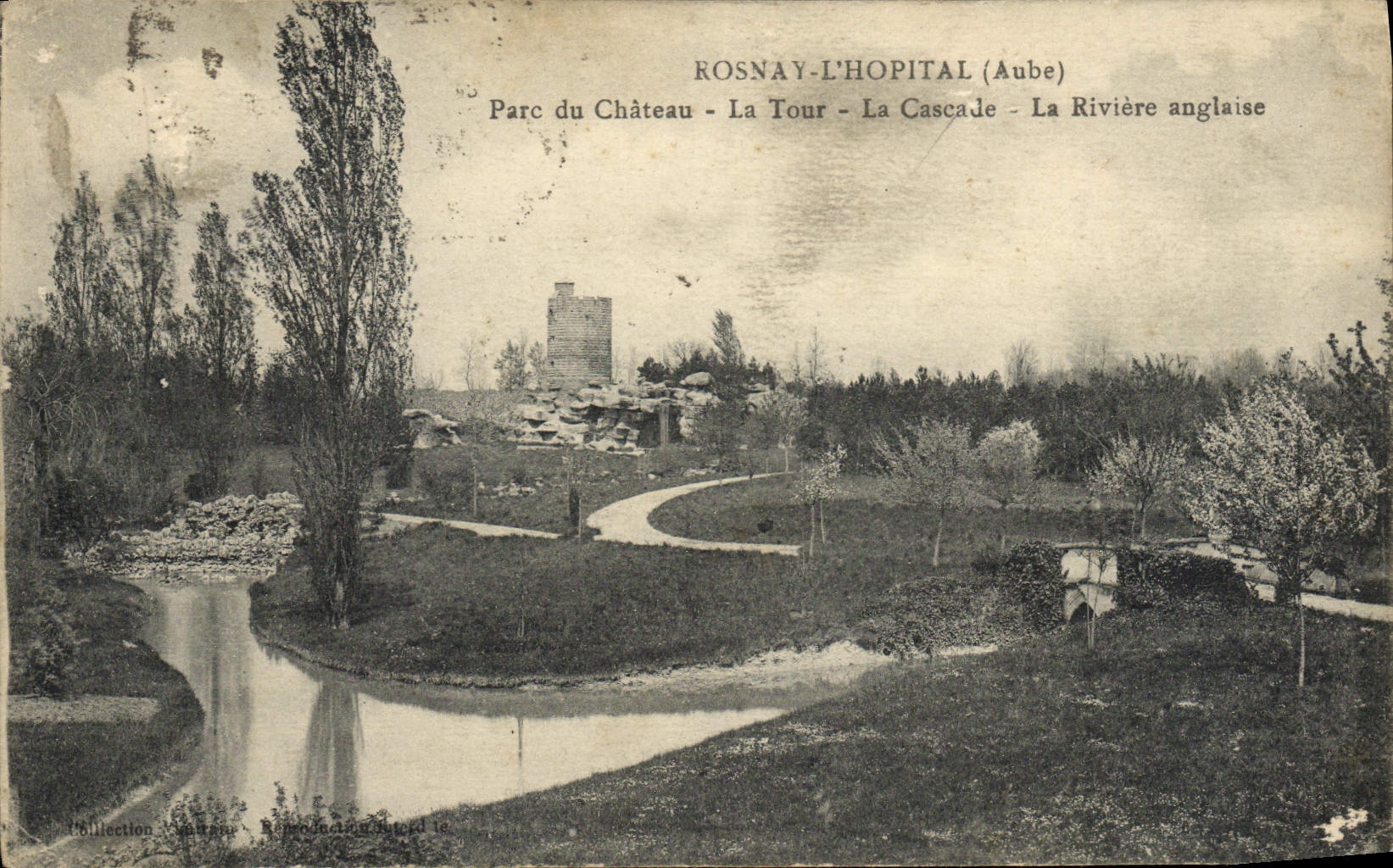 VINTAGE POSTCARD Rosnay the Hospital Park of the Castle the Tower the Cascade the English River