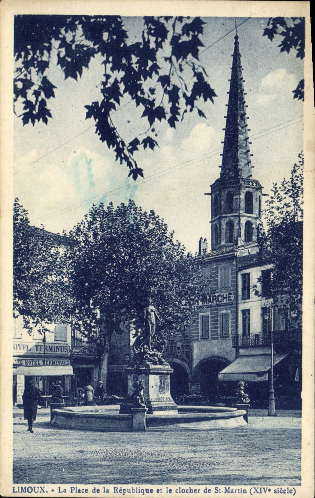 VINTAGE POSTCARD Limoux the Place of the Republic and the bell-tower of St Martin