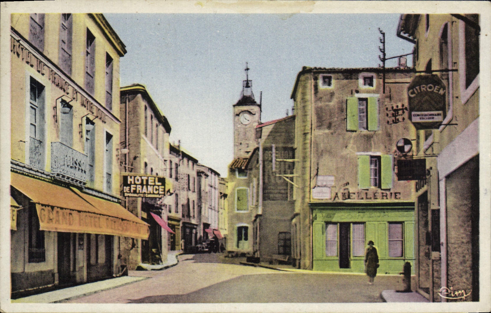 VINTAGE POSTCARD Castelnaudary Avenue Frederic Mistral and street of the clock Hotel of Citroen France