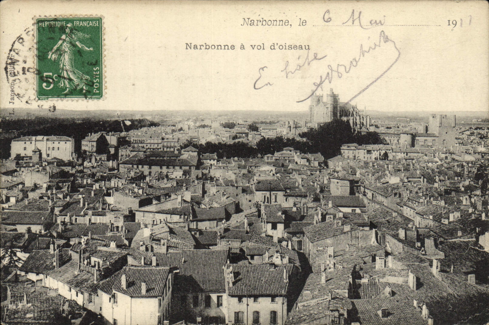 POSTAL Narbonne de la VENDIMIA que el narbonne como el cuervo vuela