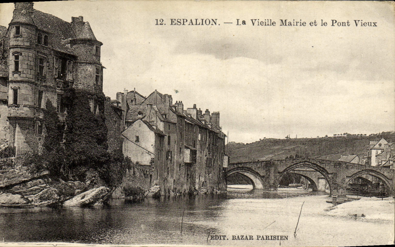 VINTAGE POSTCARD Espalion the Old Town hall and the old bridge