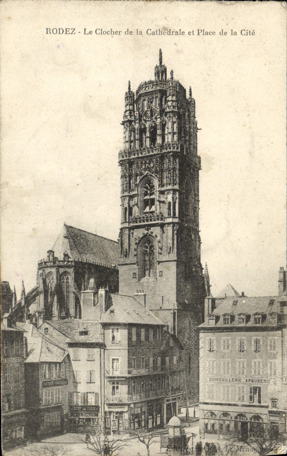 VINTAGE POSTCARD Rodez the Bell-tower of the cathedral and place of quotes