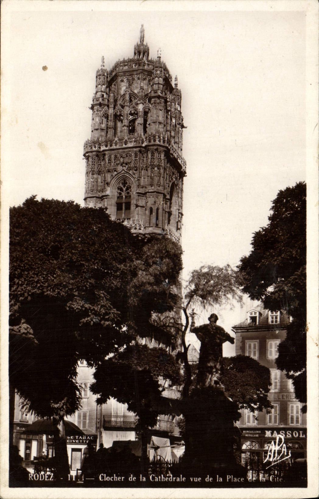 VINTAGE POSTCARD Rodez Bell-tower of the cathedral seen of the place of the ISCED