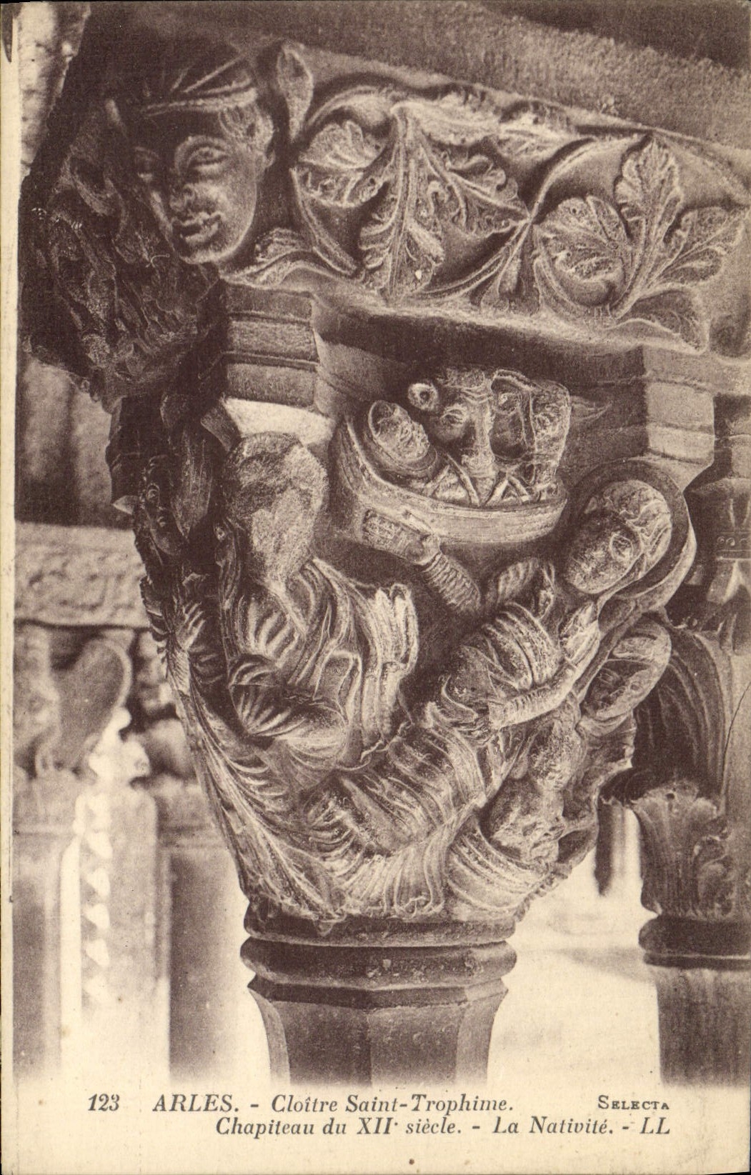 VINTAGE POSTCARD Arles Cloister of Saint Trophime Capital 12th Nativity
