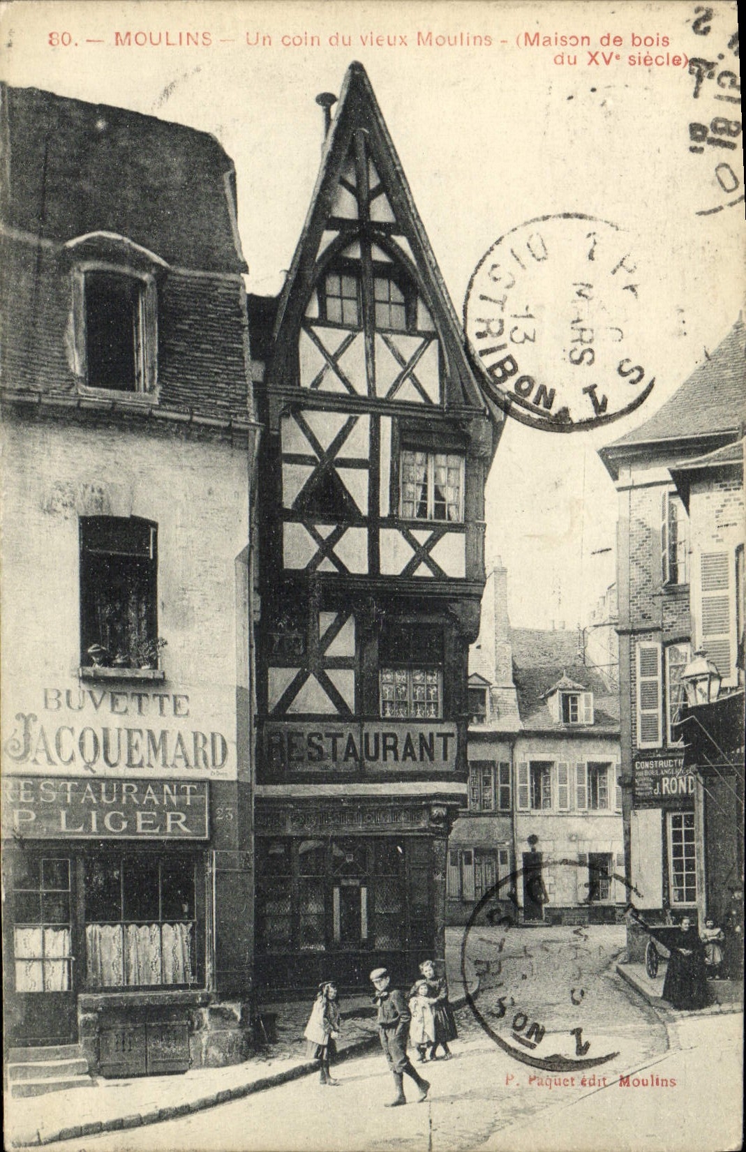 POSTAL de la VENDIMIA Moulins una esquina de los niños de Jacquemard de la barra del refresco del restaurante del viejo hombre Moulins