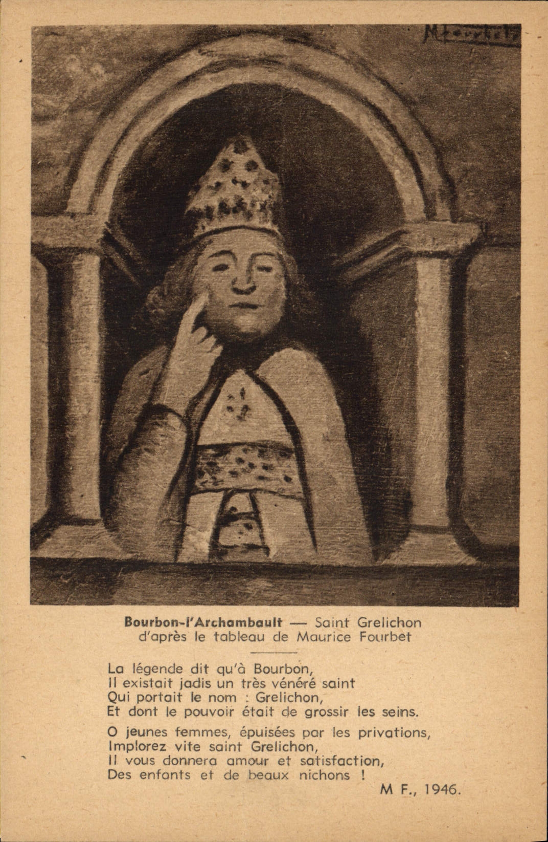 POSTAL Bourbon Archambault santo Grelichon de la VENDIMIA según la tabla de Mauricio Fourbet