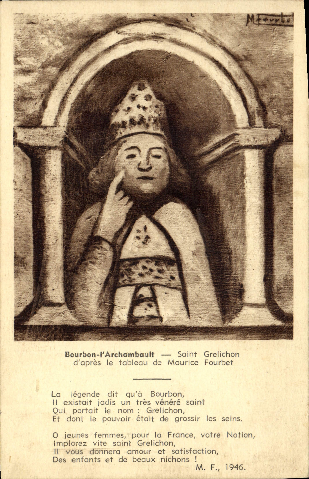 I Archambault santo Grelichon de Bourbon de la POSTAL de la VENDIMIA según la tabla de Mauricio Fourbet