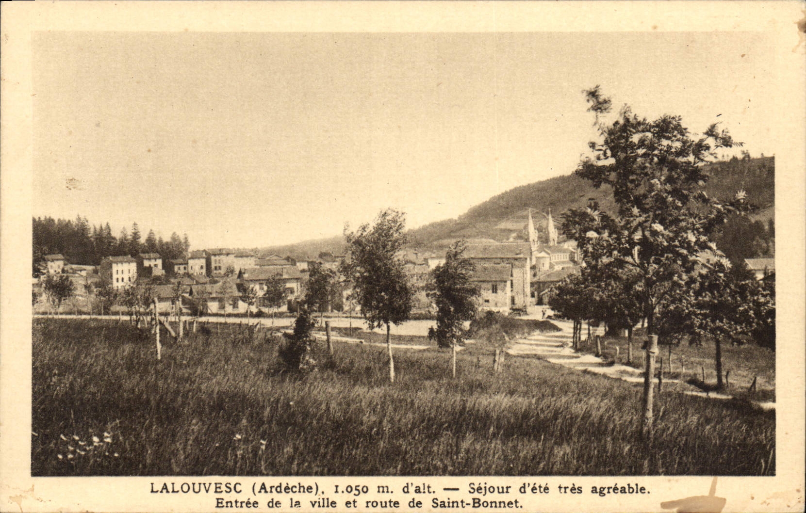 VINTAGE POSTCARD Louvesc Stay of summer very pleasant entry of the city and road of Saint Bonnet