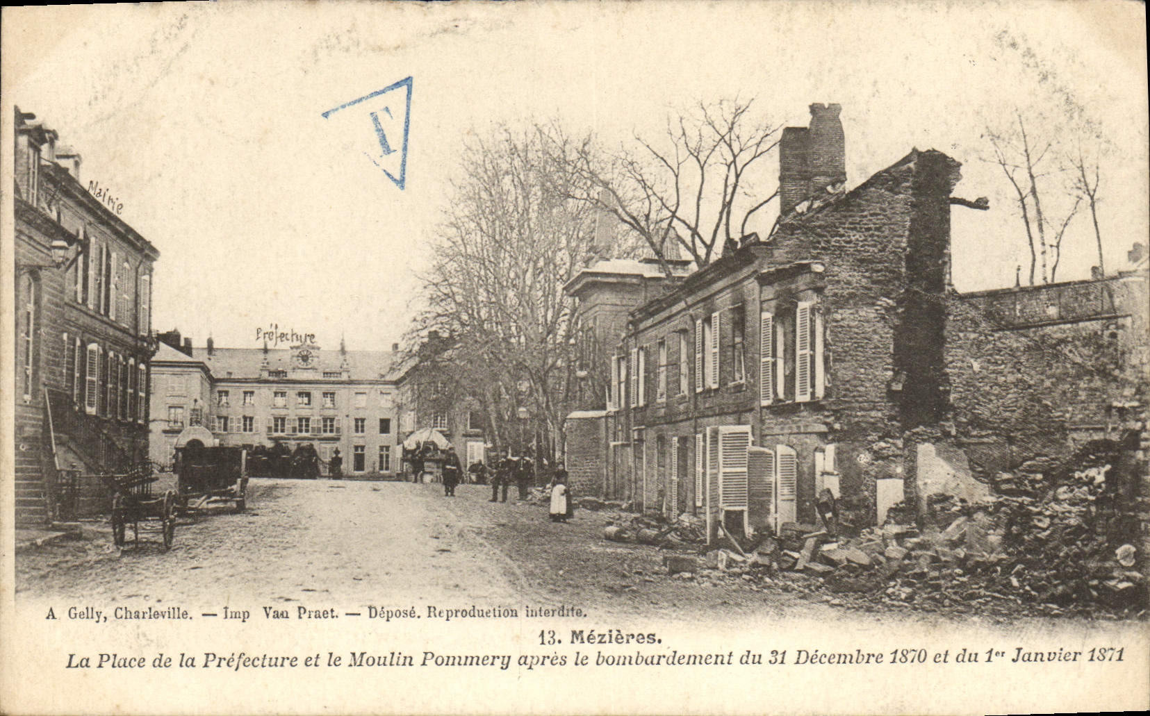 CPA Mezieres La place De La Prefecture et le moulin Pommery apres le bombardement Militaria Timbre Madagascar