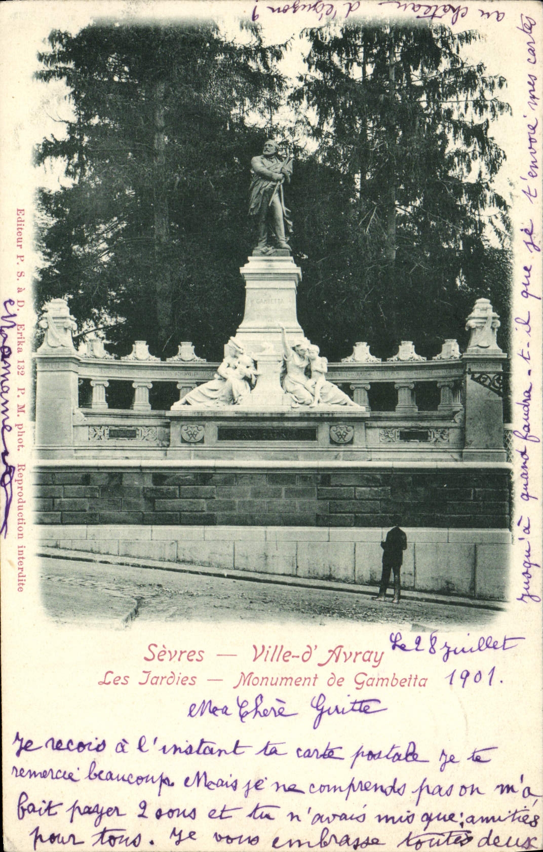 Ciudad separada de la POSTAL de la VENDIMIA de Avray el monumento de los jardines de Gambetta