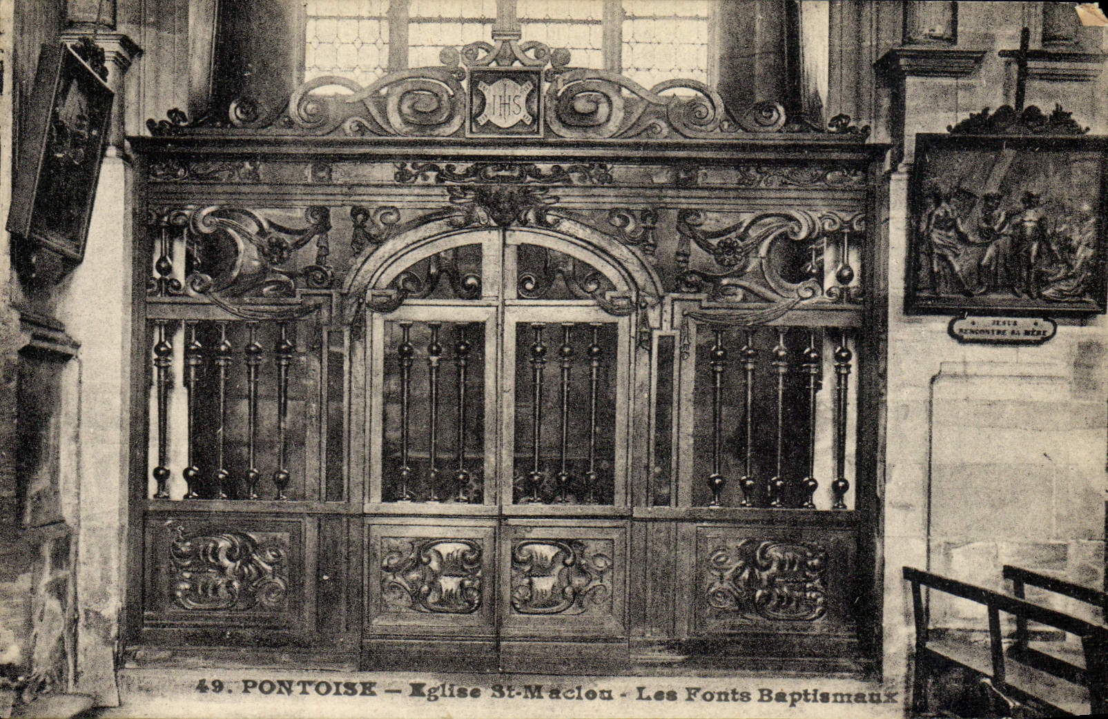 VINTAGE POSTCARD Pontoise Church St Maclou the baptismal font