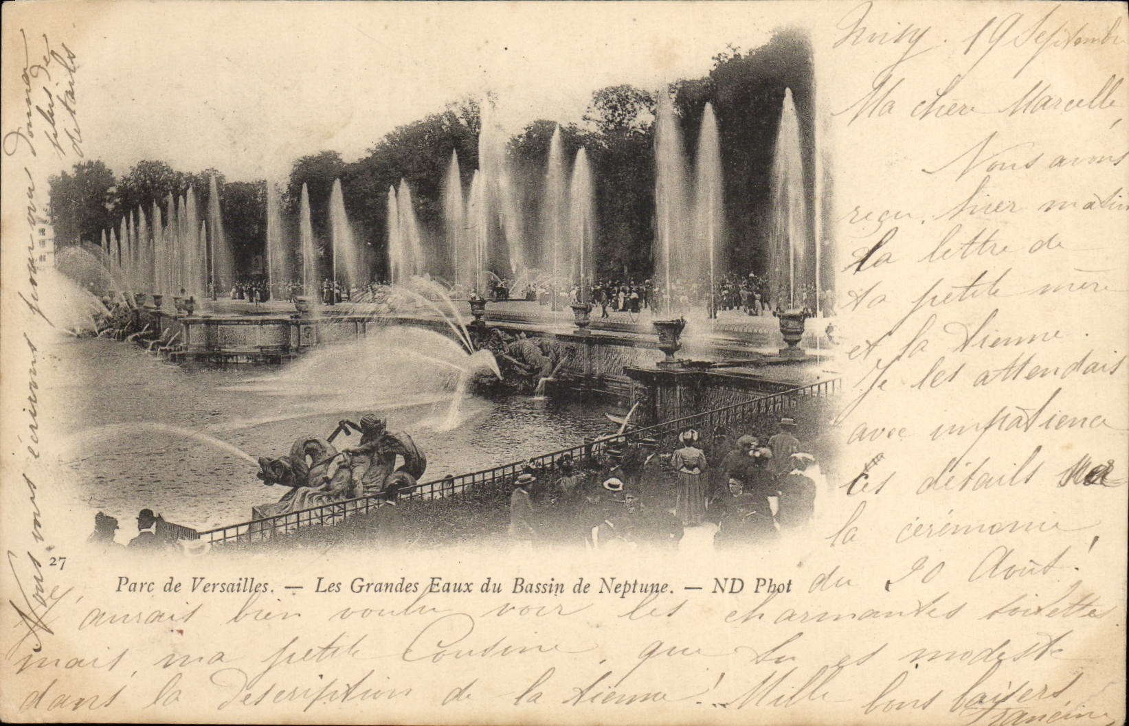 Agua grande de Versalles de la POSTAL de la VENDIMIA del lavabo de Neptuno