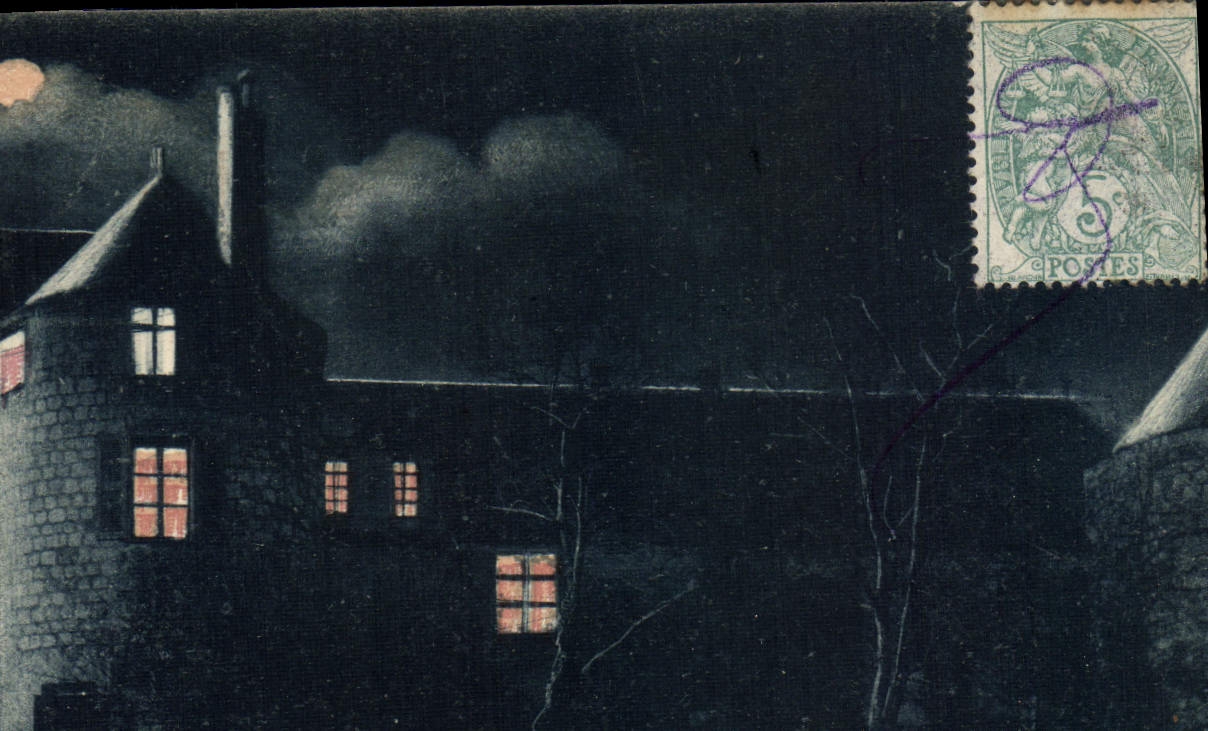 POSTAL Dourdan de la VENDIMIA el ataque frontal de la noche del castillo