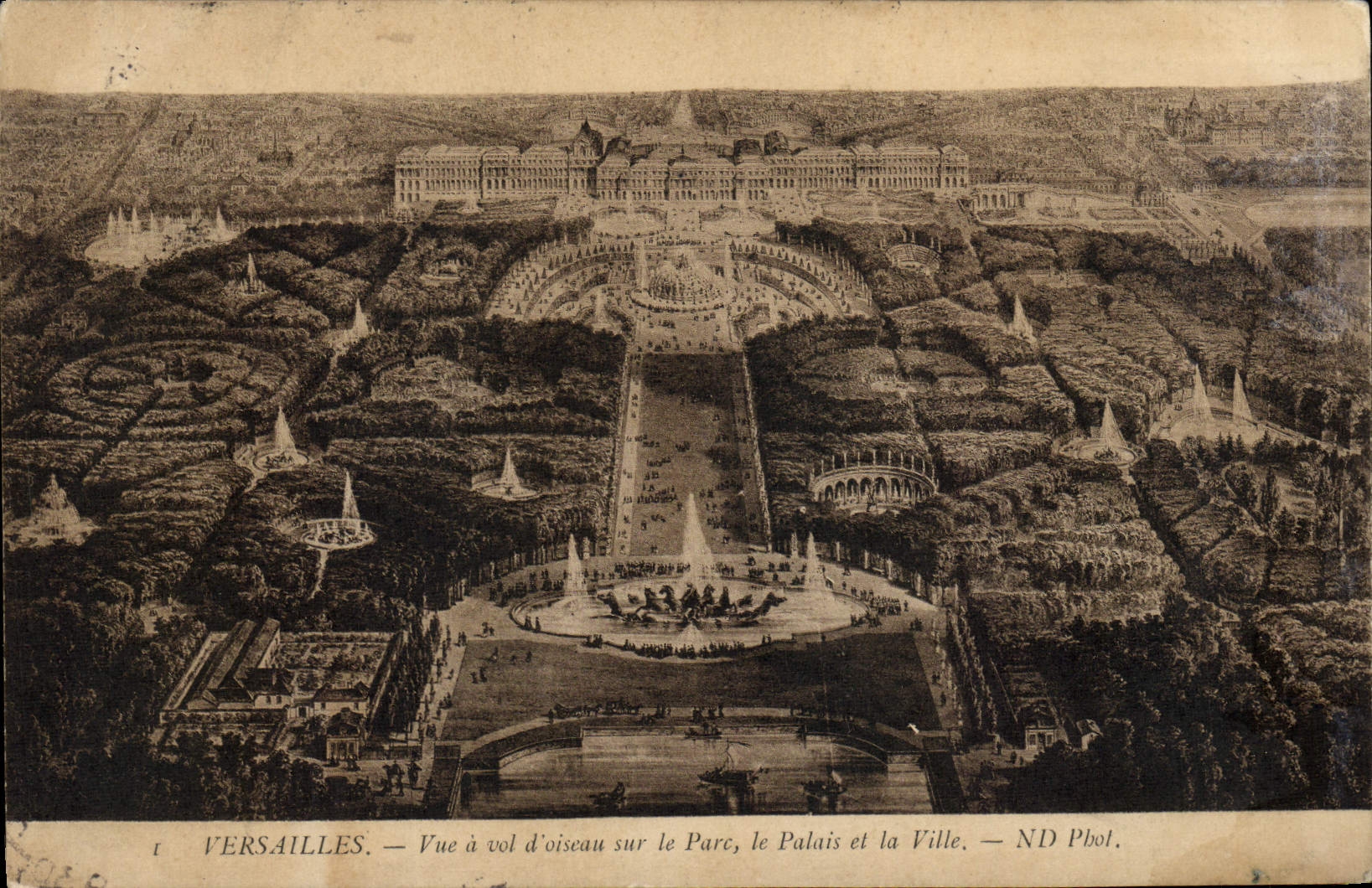 La POSTAL Versalles Vue de la VENDIMIA tiene vol. de Oisouau en el parque el paladar y la ciudad