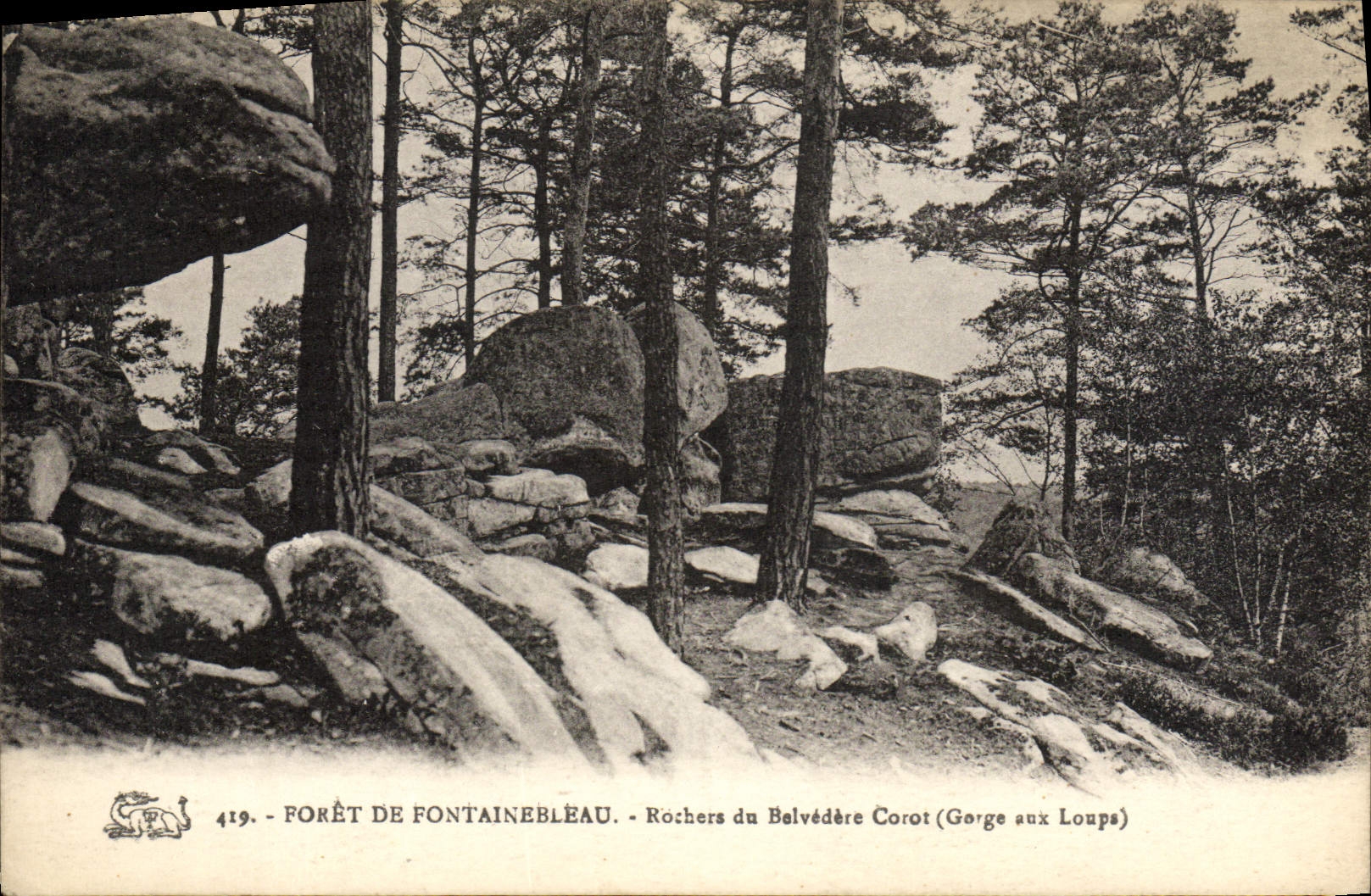 La POSTAL Foret De Fontainebleau Rochers de la VENDIMIA del punto de vista de Corot Gorges con los lobos