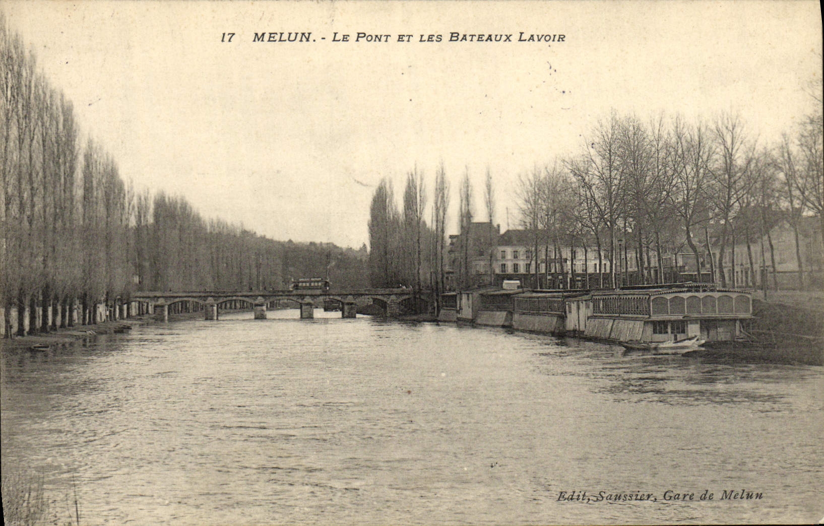 VINTAGE POSTCARD Melun the Bridge And the Boats Laundrette