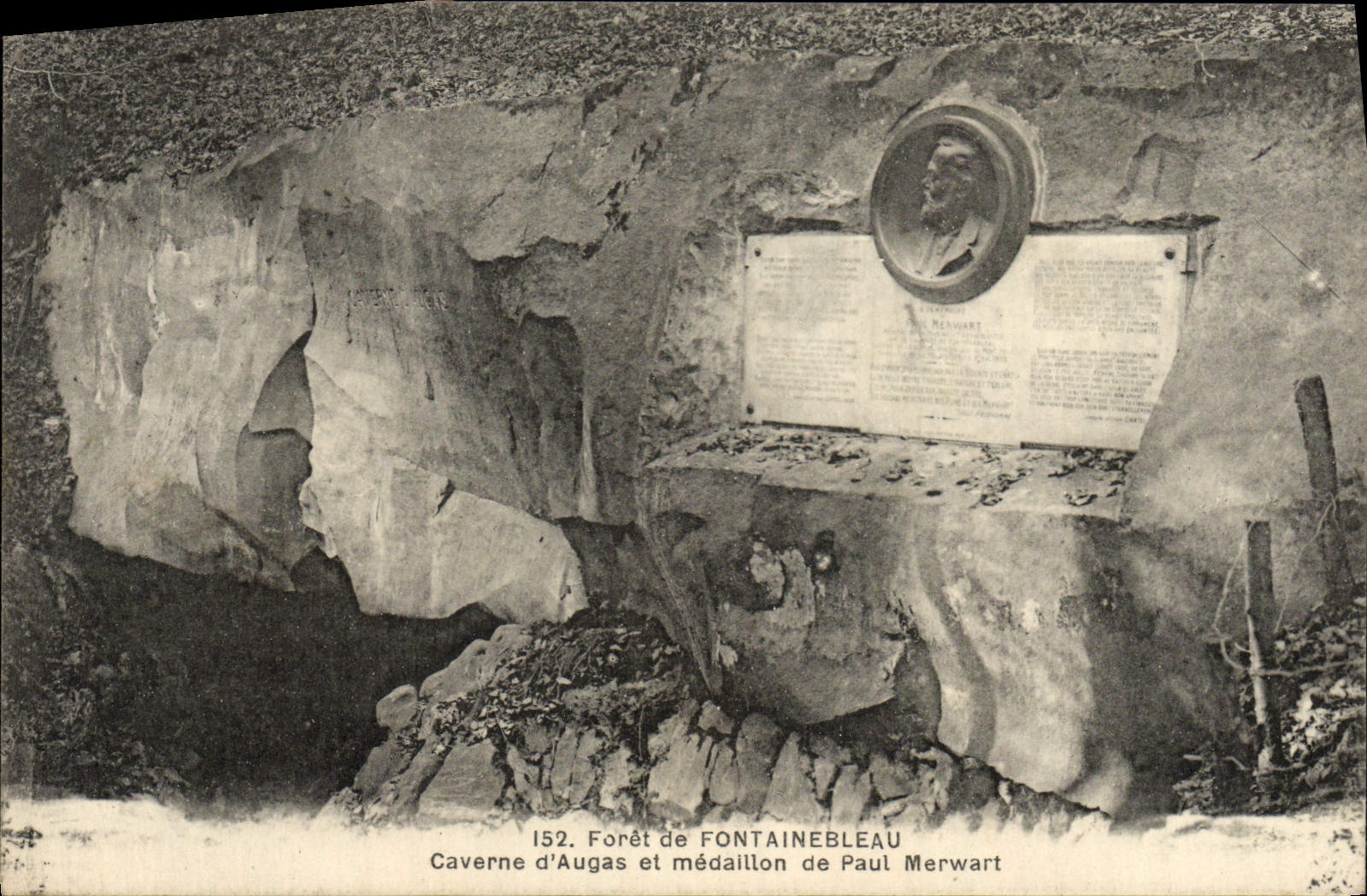 VINTAGE POSTCARD Drill of Fontainebleau Cave of Augas and Medaillon of Paul Merwart