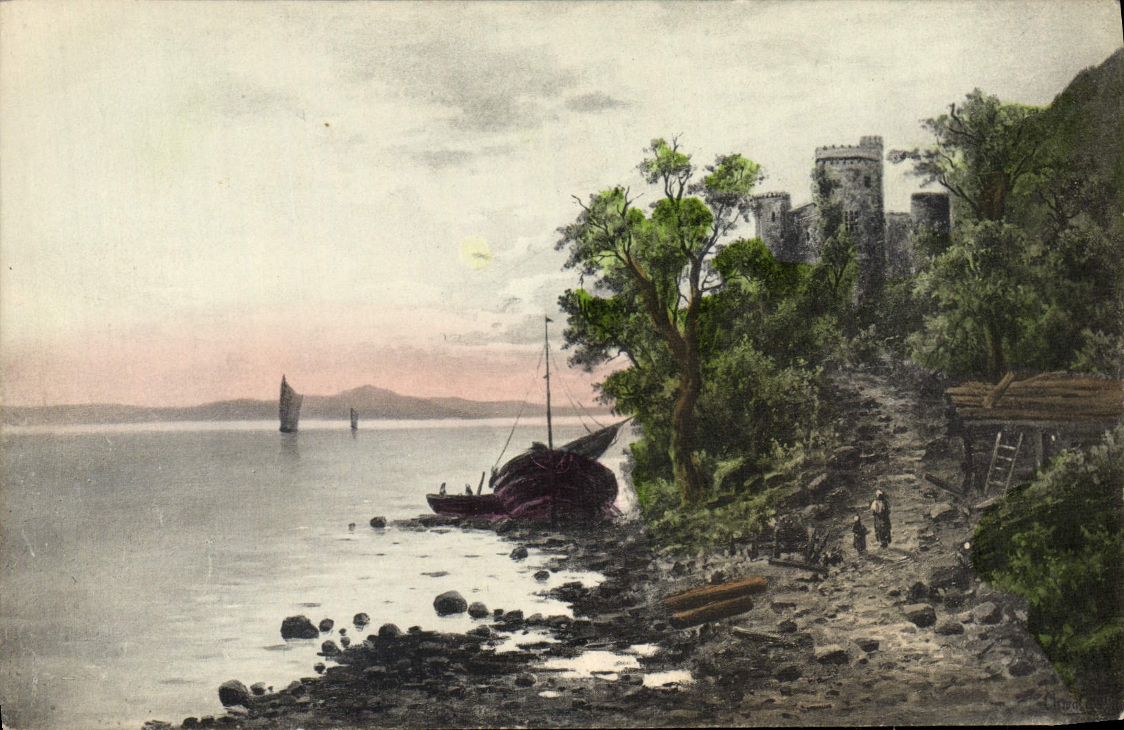 VINTAGE POSTCARD Ruins at the edge of water
