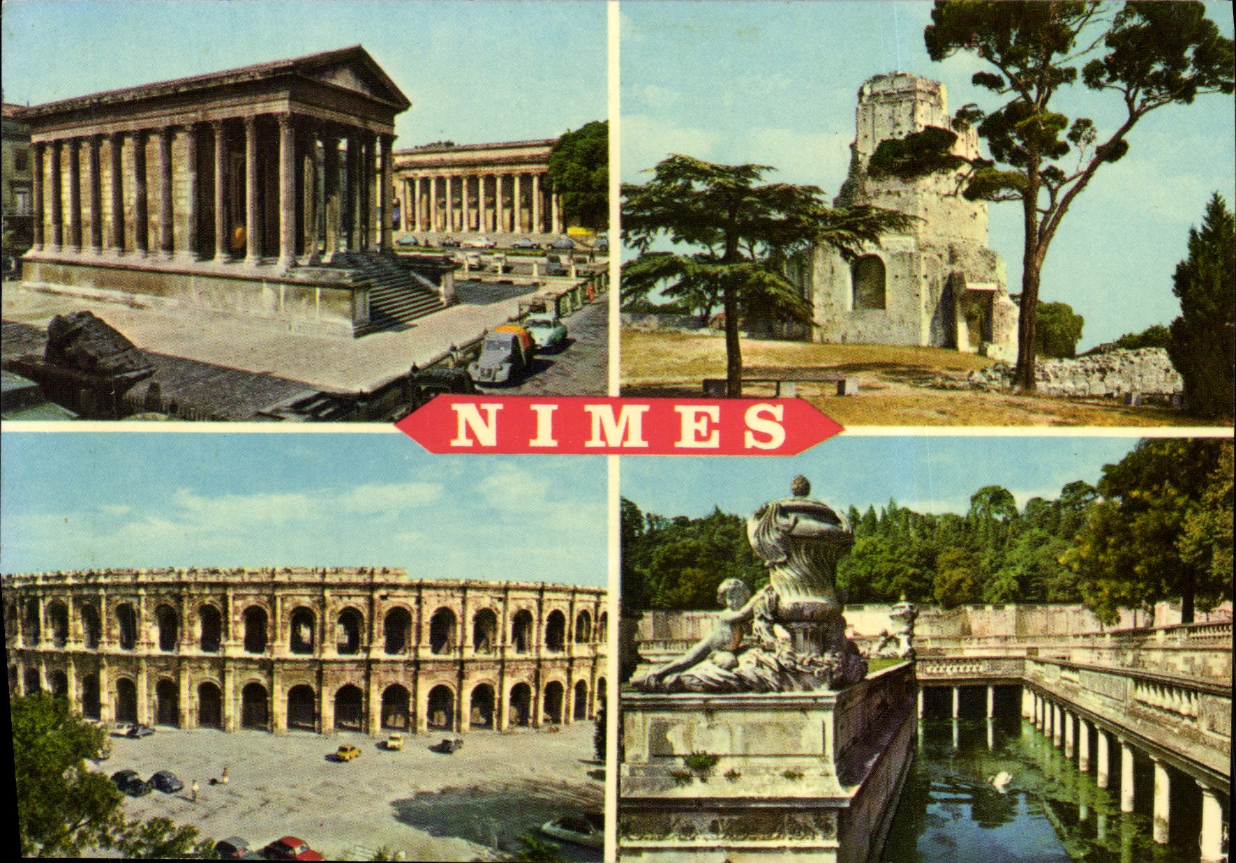 CPM Nimes Les arenes Tour Magne Jardins de la fontaine Baisn romains