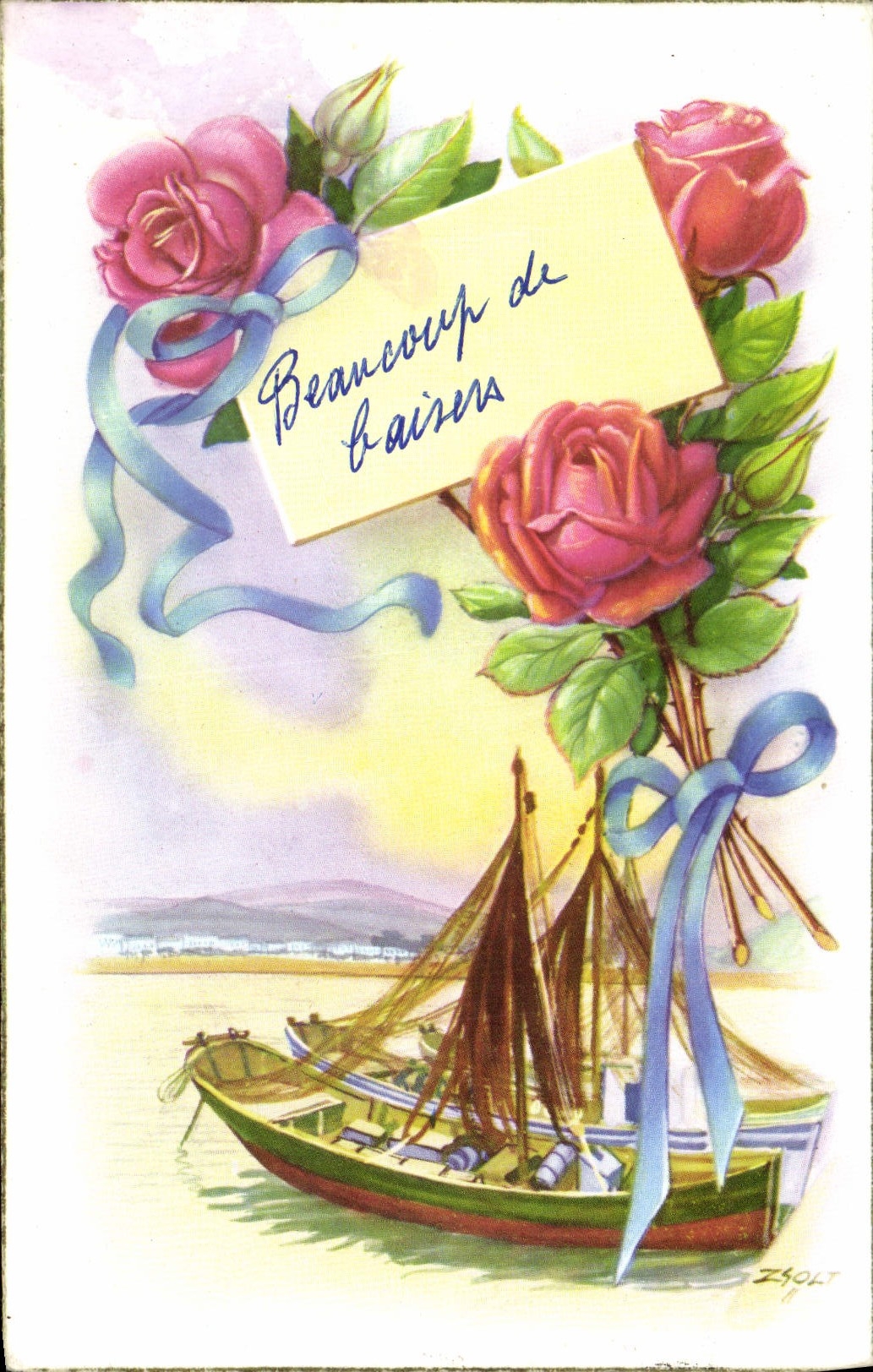 VINTAGE POSTCARD Flowers Boat