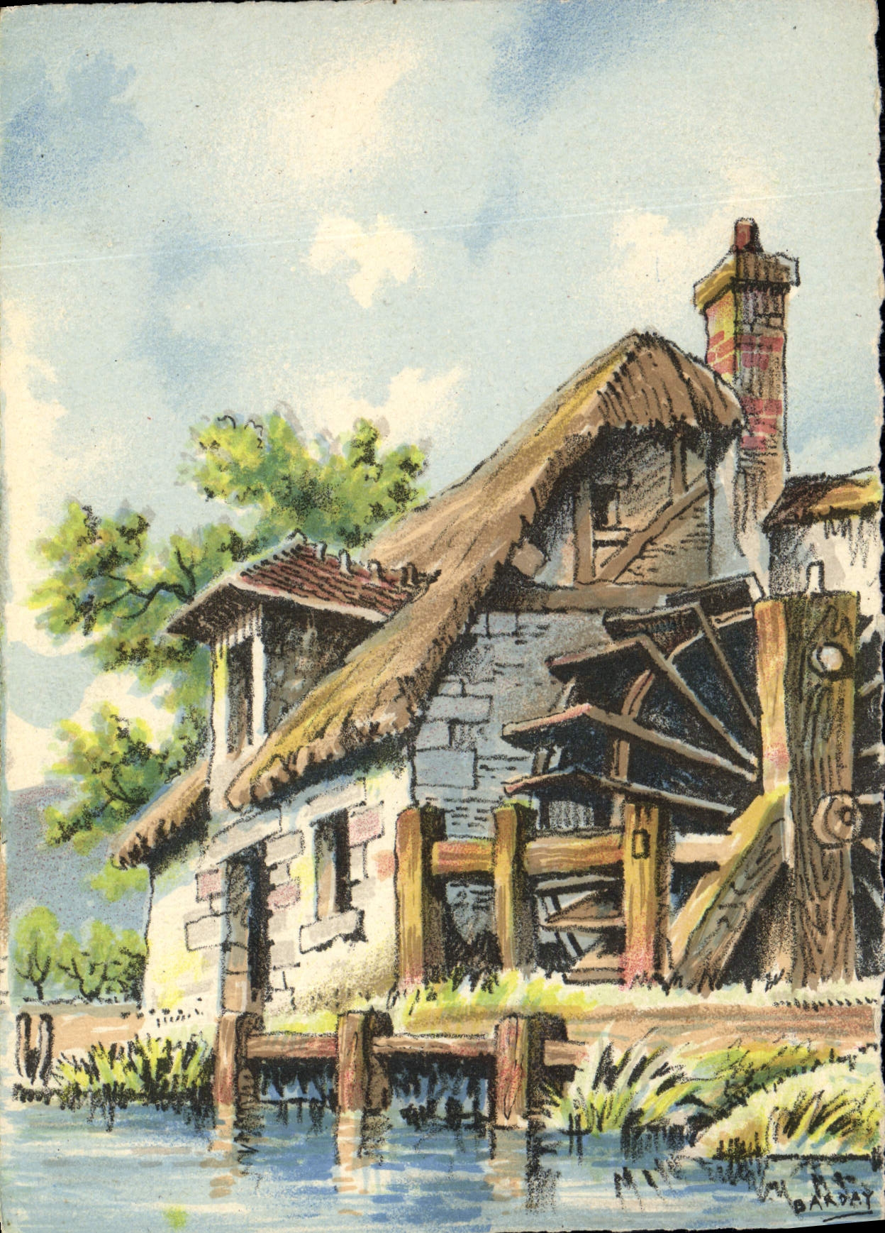 VINTAGE POSTCARD Fantaisie Seen artistic Water mill