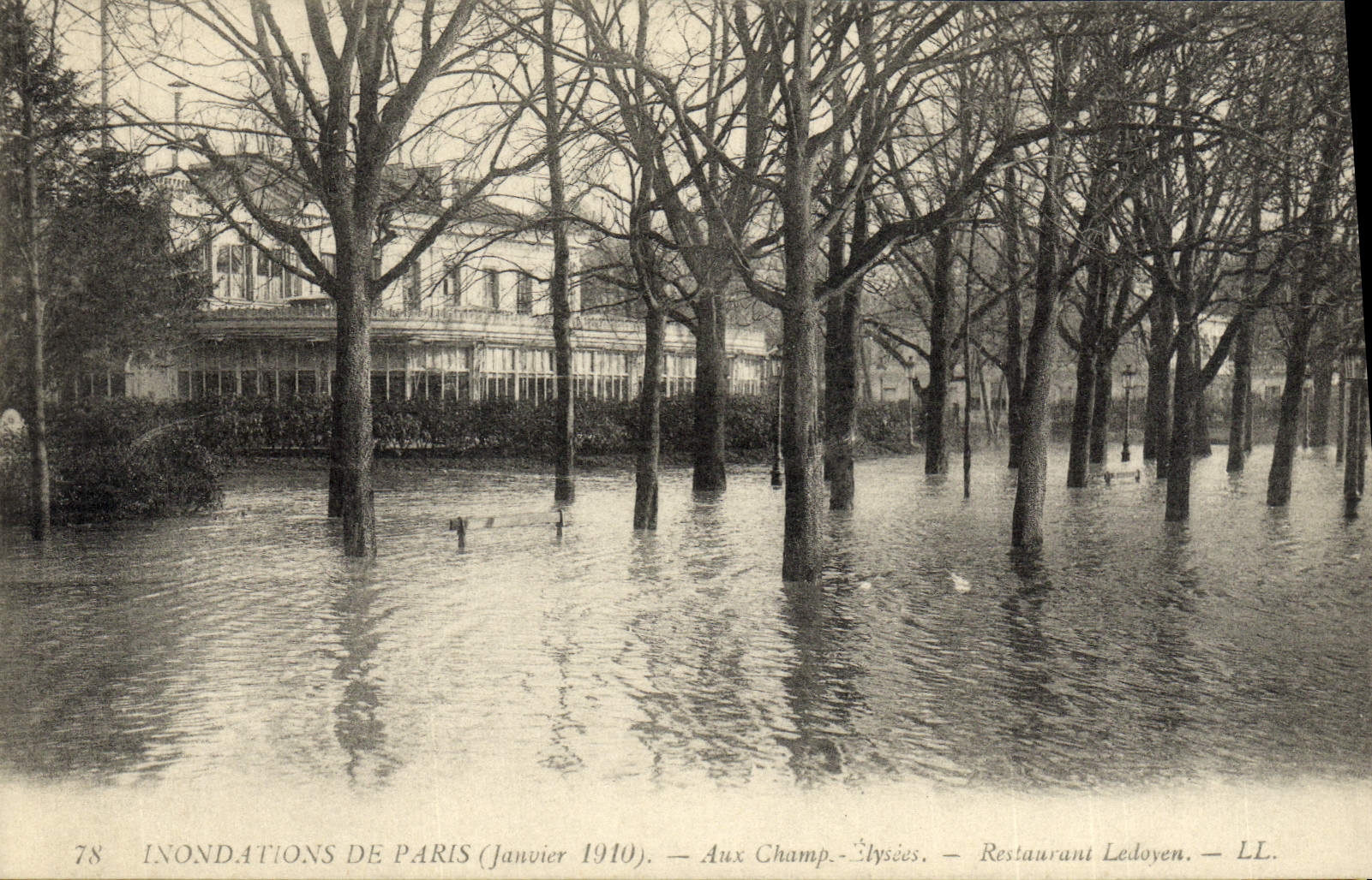 VINTAGE POSTCARD Floods Of Paris At the Champs Elysées Restoring Ledoyen