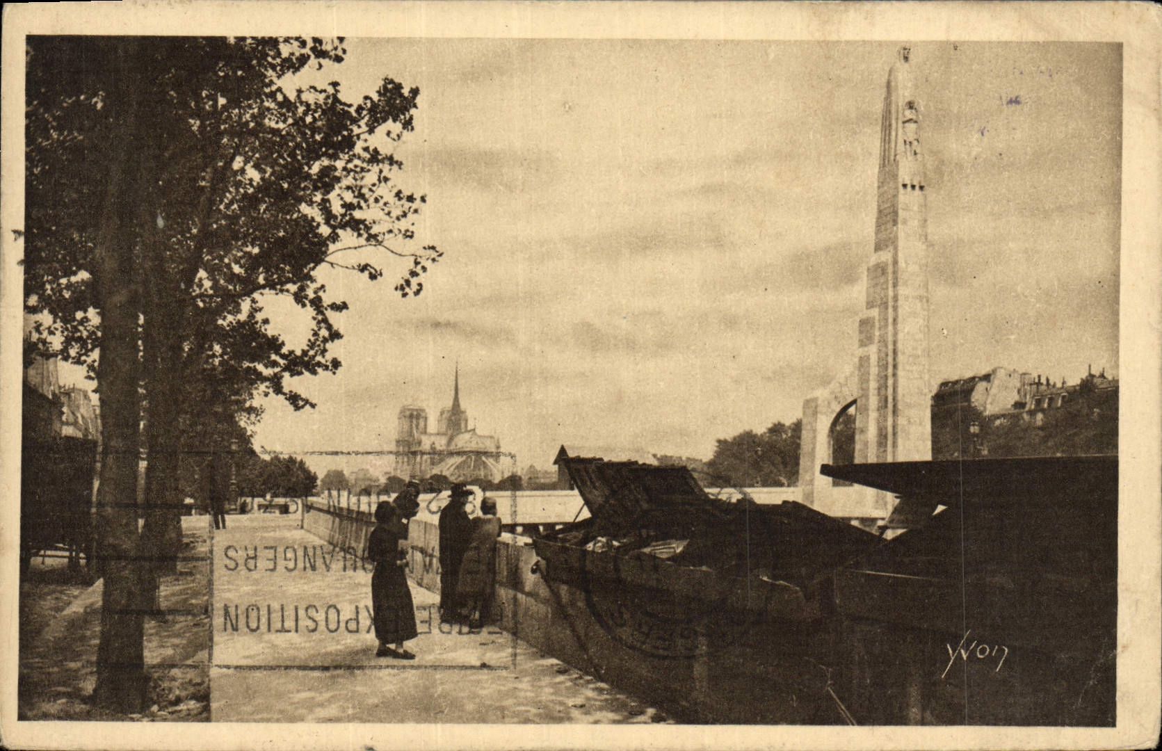 VINTAGE POSTCARD Paris While Strolling the Bridge Of the Small tower And the Statue Of Sainte Genevieve sponsors of Paris