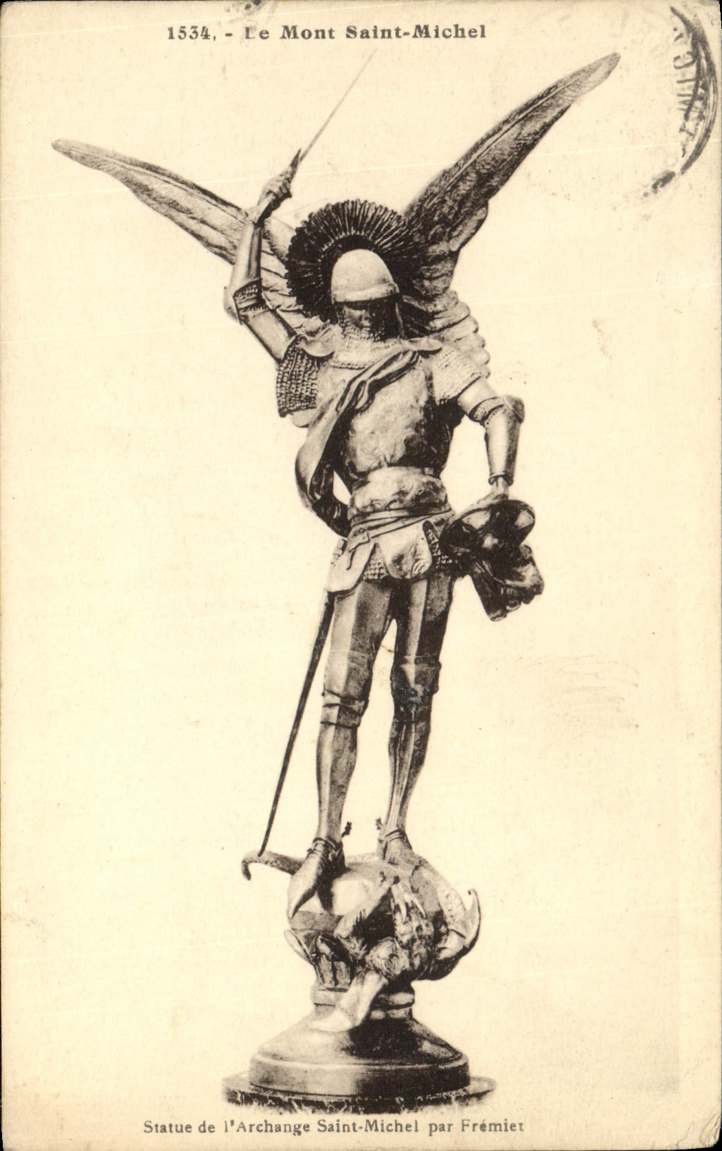 VINTAGE POSTCARD Mont Saint Michel the Statue of the archangel Saint Michel by Fremiet