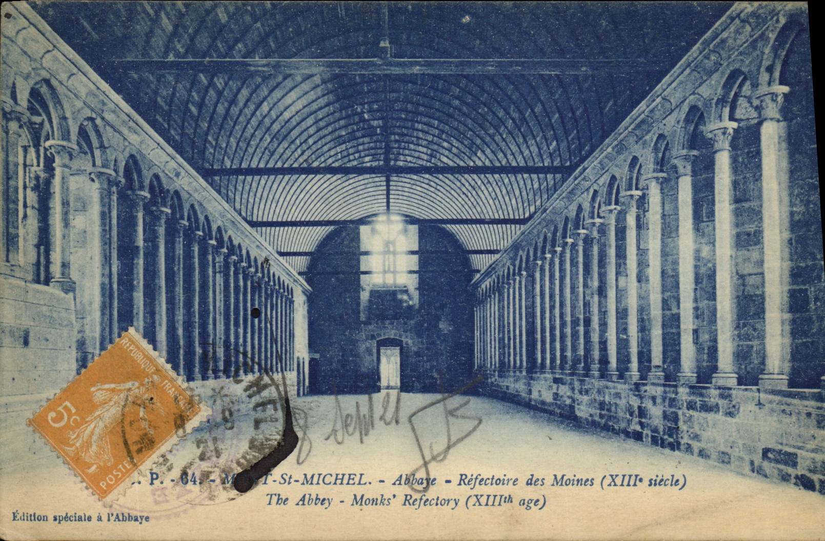 VINTAGE POSTCARD the Mount St Michel Refectory Abbey Of the Monks