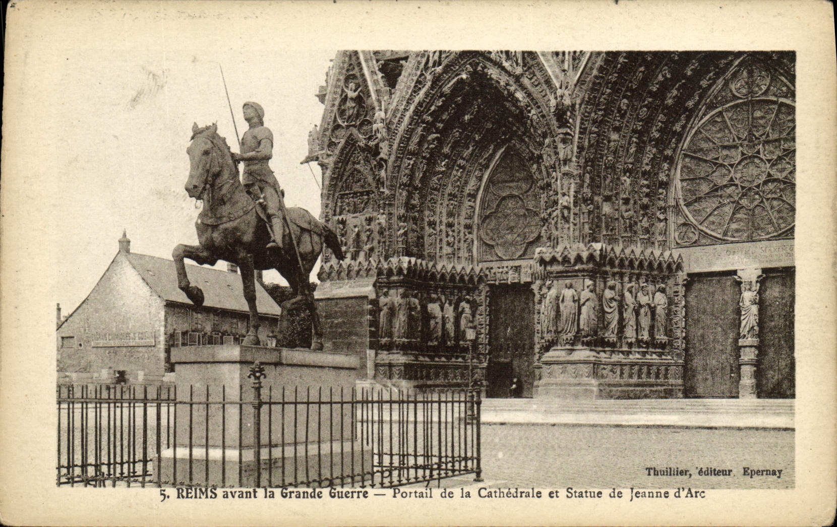 CPA Reims Avant La Grande Guerre Portail De La Cathedrale Et Statue De Jeanne d'Arc