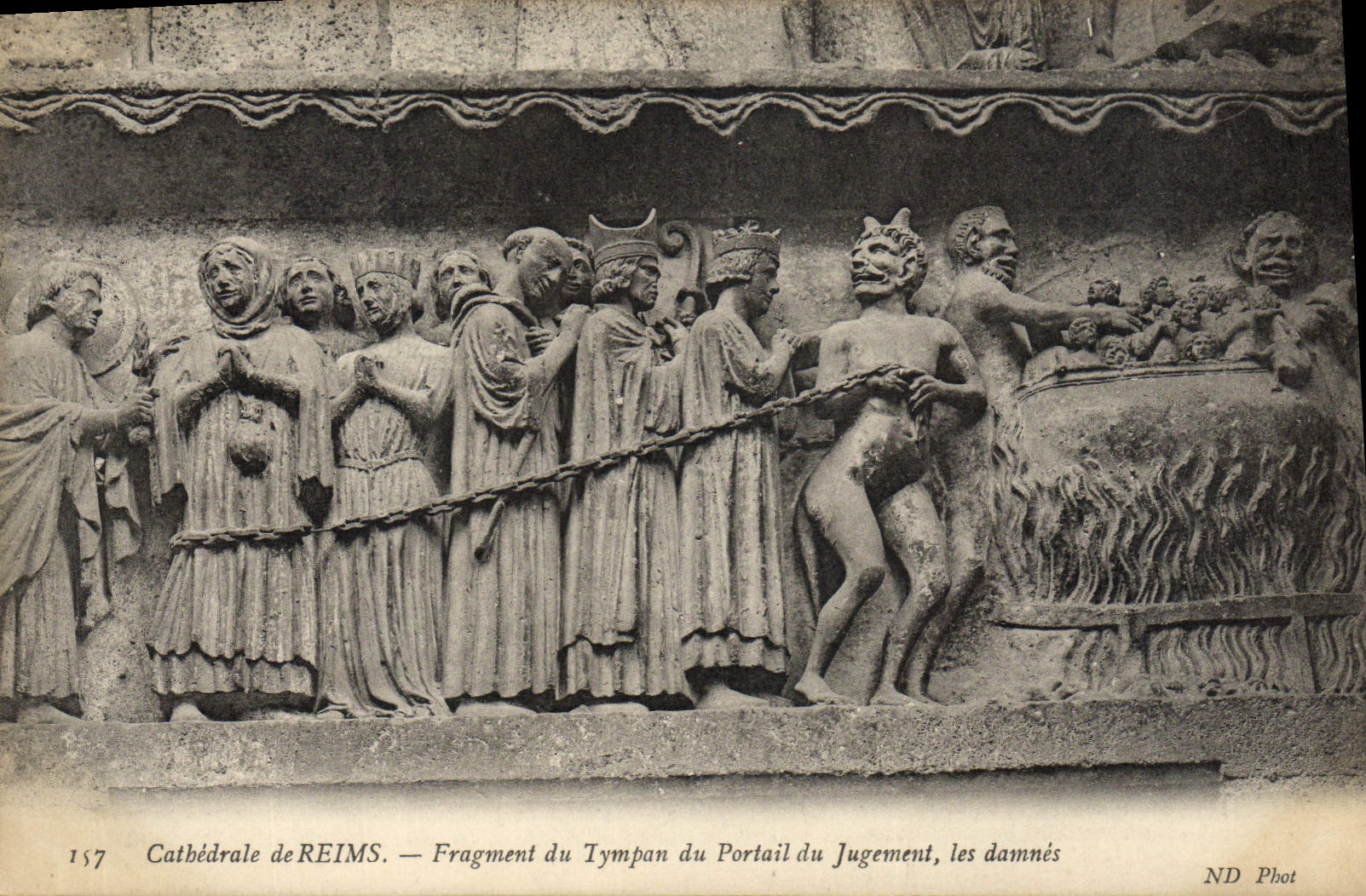 VINTAGE POSTCARD Cathedral Of Rheims Fragment Of the Tympanum Of the Gate Of the Judgment Damnes Devil