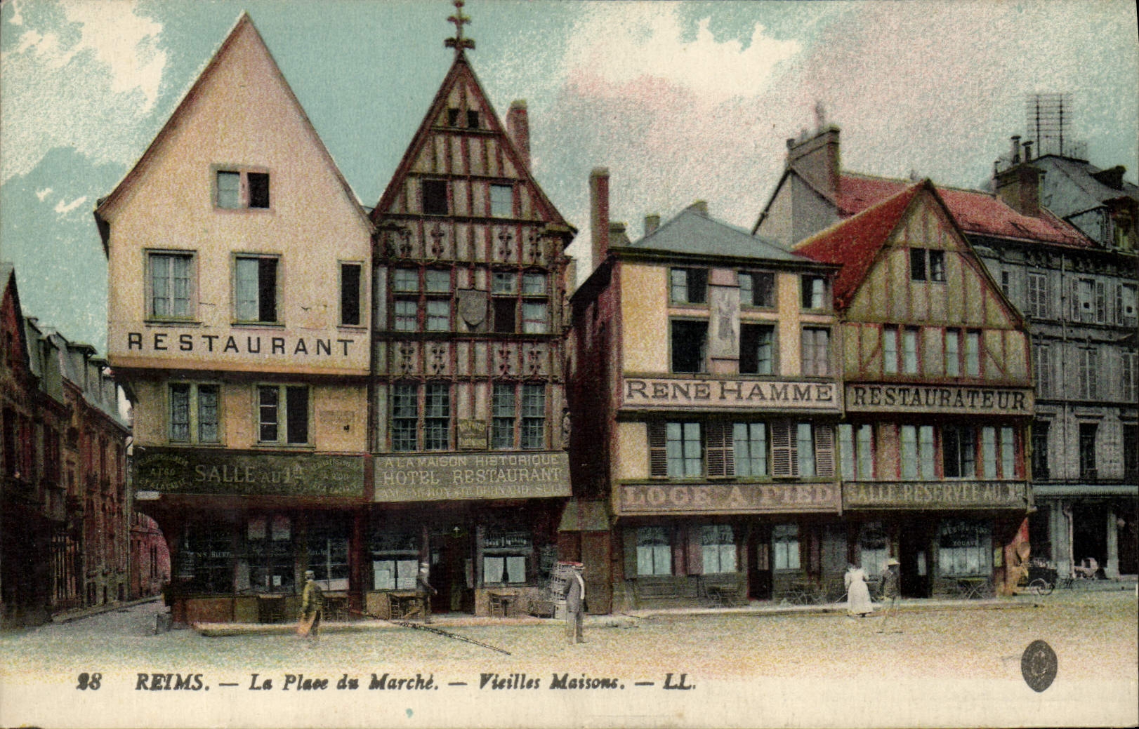 CPA Reims La Place Du Marche Vieilles Maisons Restaurant Rene Hamme 