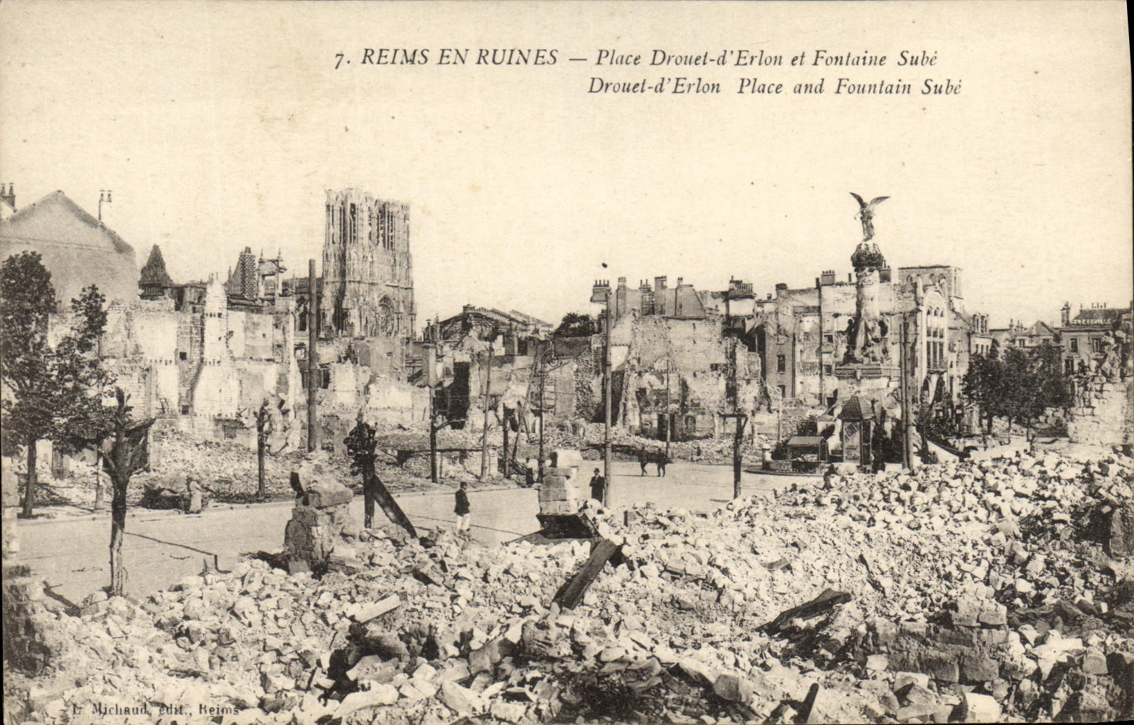 CPA Reims En Ruines Place Drouet D'Erlon et fontaine Sube Militaria