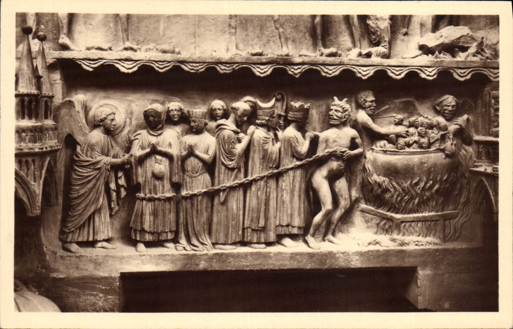 VINTAGE POSTCARD Cathedral Of Rheims Gate Of the Last Judgment Damnes Devil