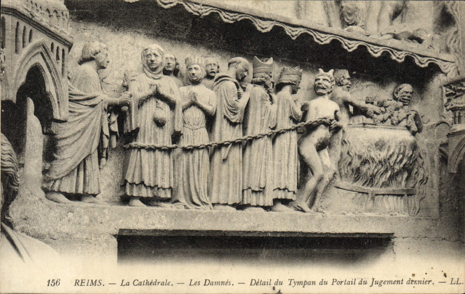 VINTAGE POSTCARD Rheims the Cathedral Damnes Detail of the Tympanum of the gate of the Judgment Last Devil