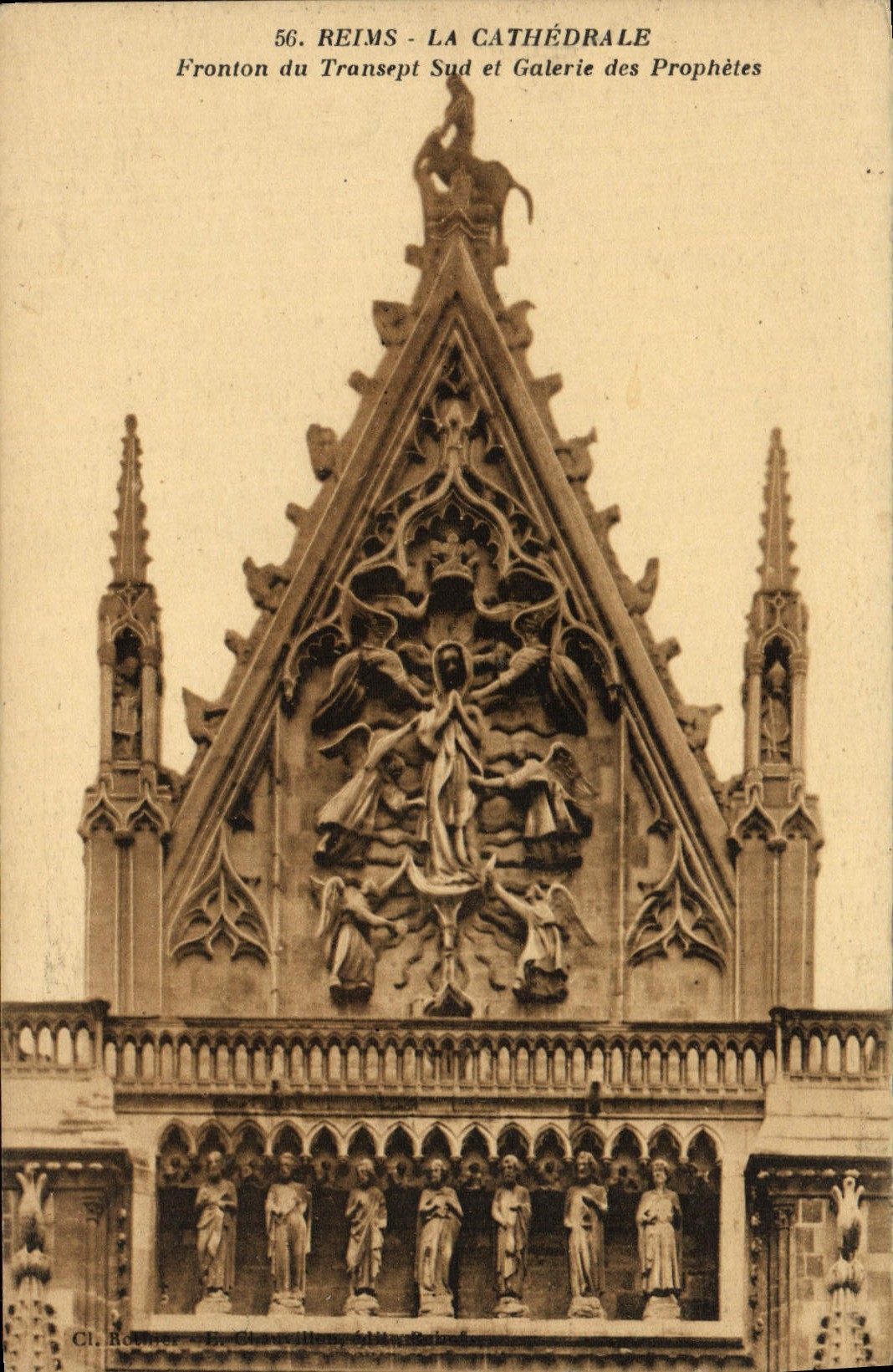 VINTAGE POSTCARD Rheims the Cathedral Pediment of the Southern Transept and Gallery of the Prophets