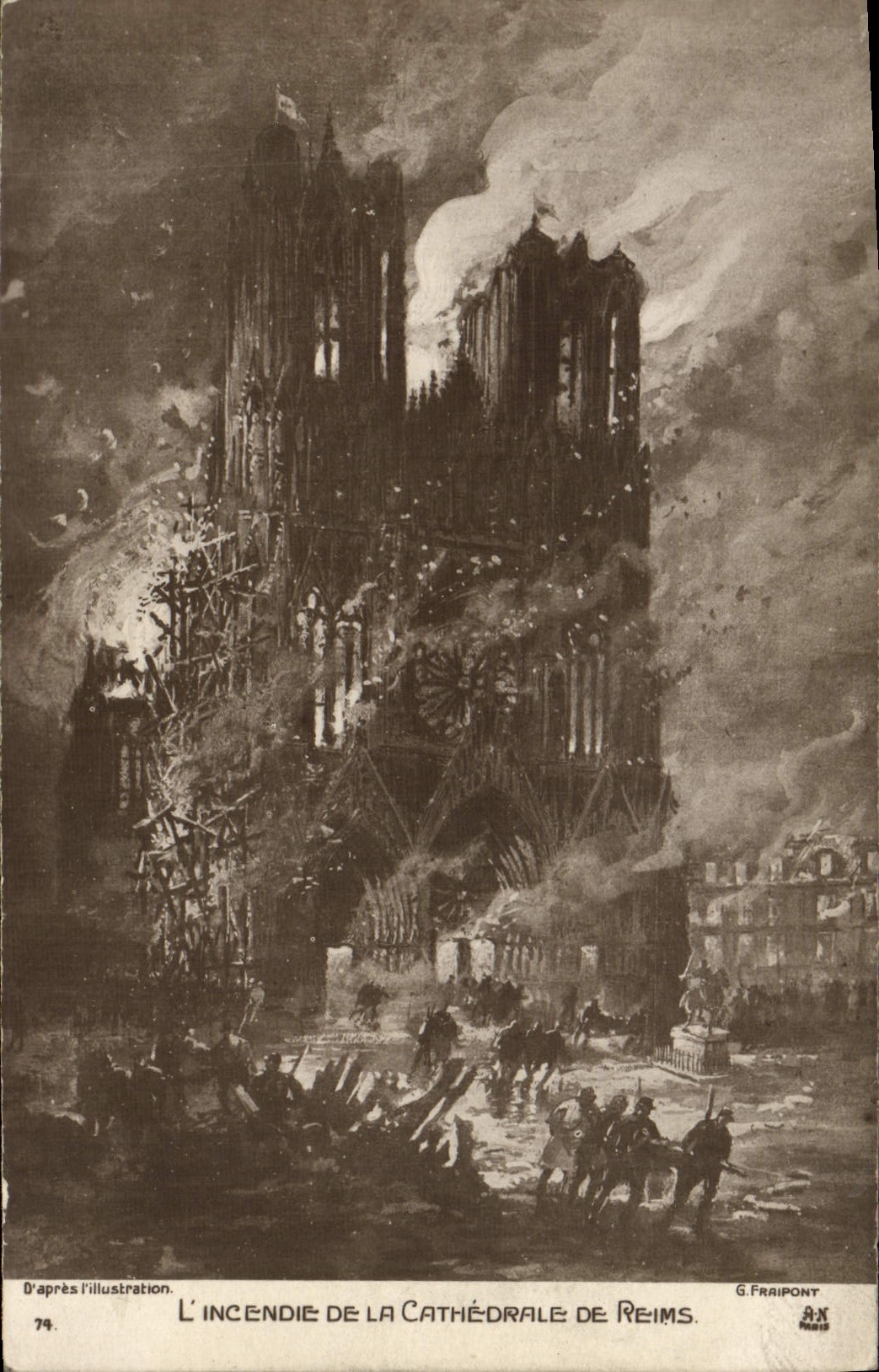 VINTAGE POSTCARD Rheims the Fire Of the Militaria Cathedral