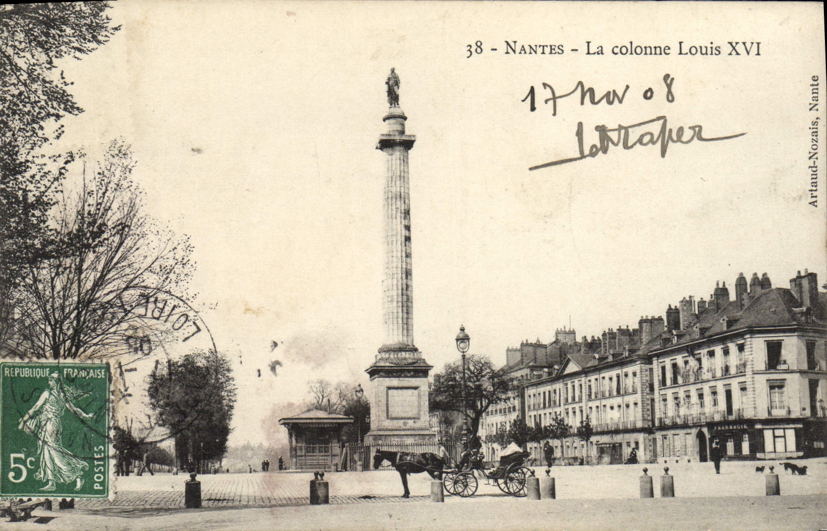 VINTAGE POSTCARD Nantes the Column Louis XVI