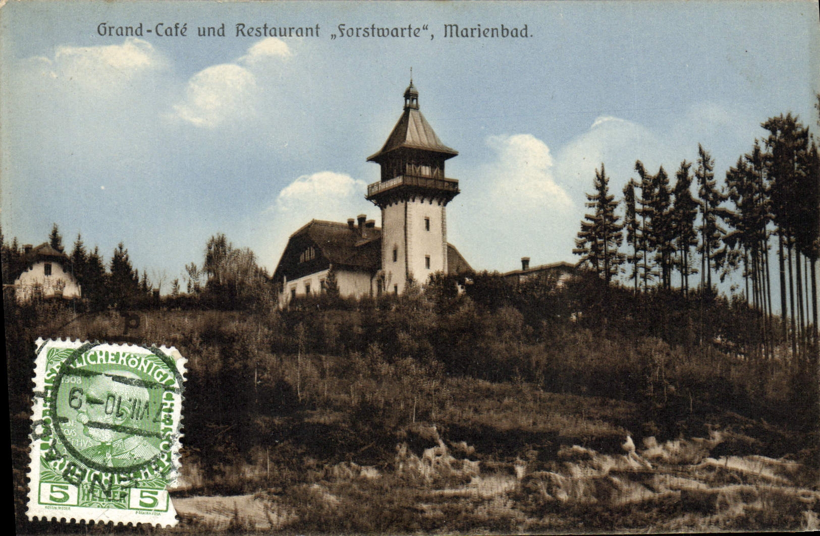 POSTAL Cofe grande Und de la VENDIMIA que restaura Forstwarte Marienbad