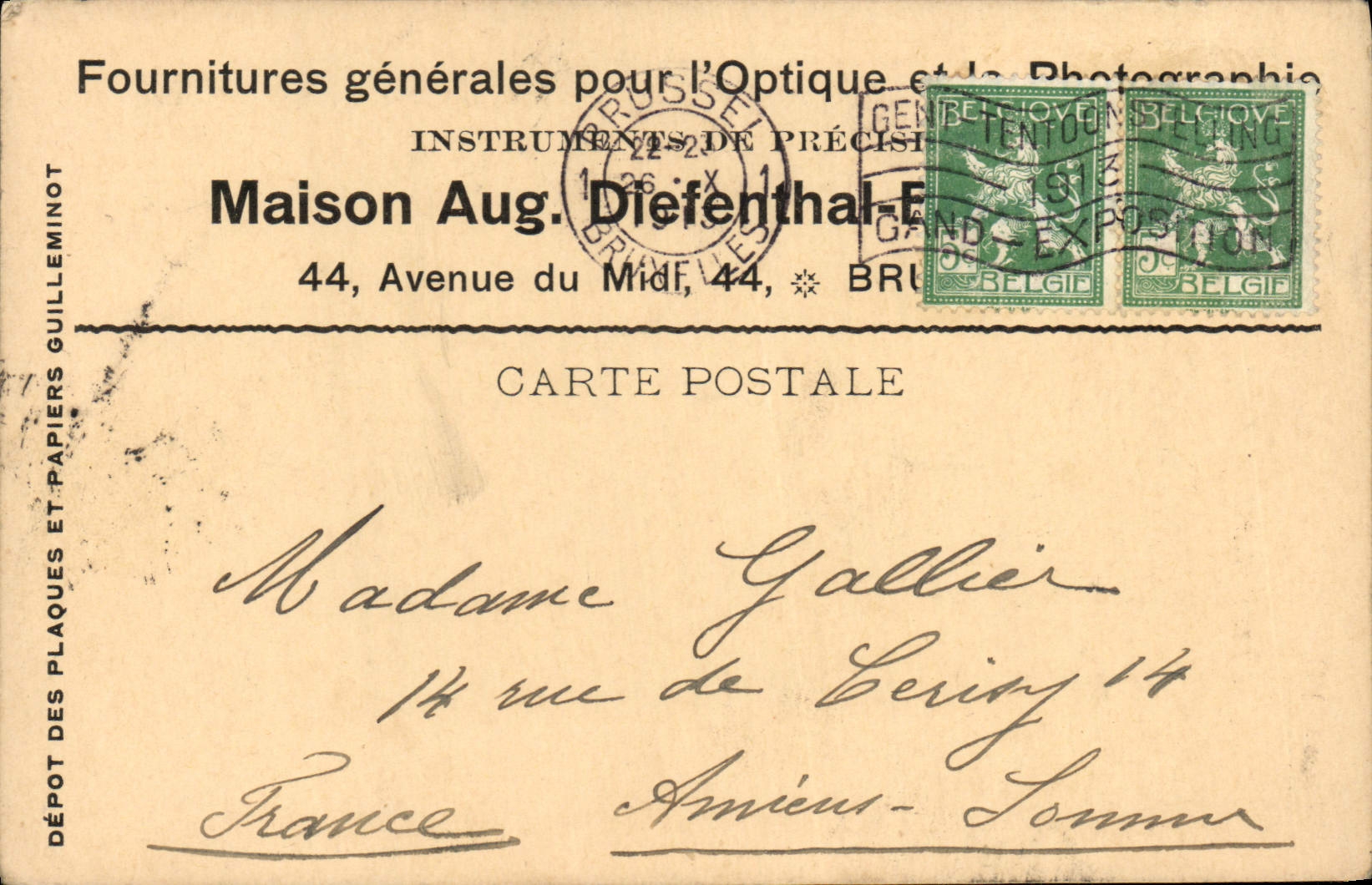 Entier Diefenthal Fournitures generale pour l'optique et la Photographie Avenue du Midi Bruxelles Optique
