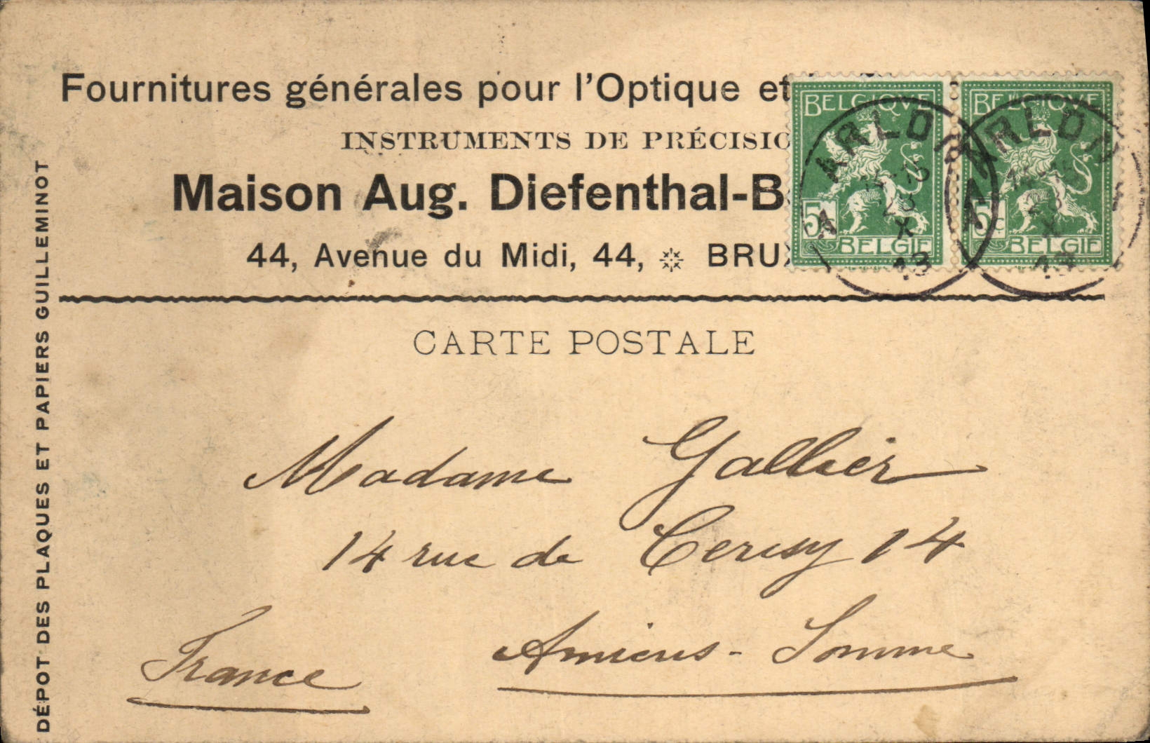 Entier Diefenthal Fournitures generale pour l'optique et la Photographie Avenue du Midi Bruxelles Optique
