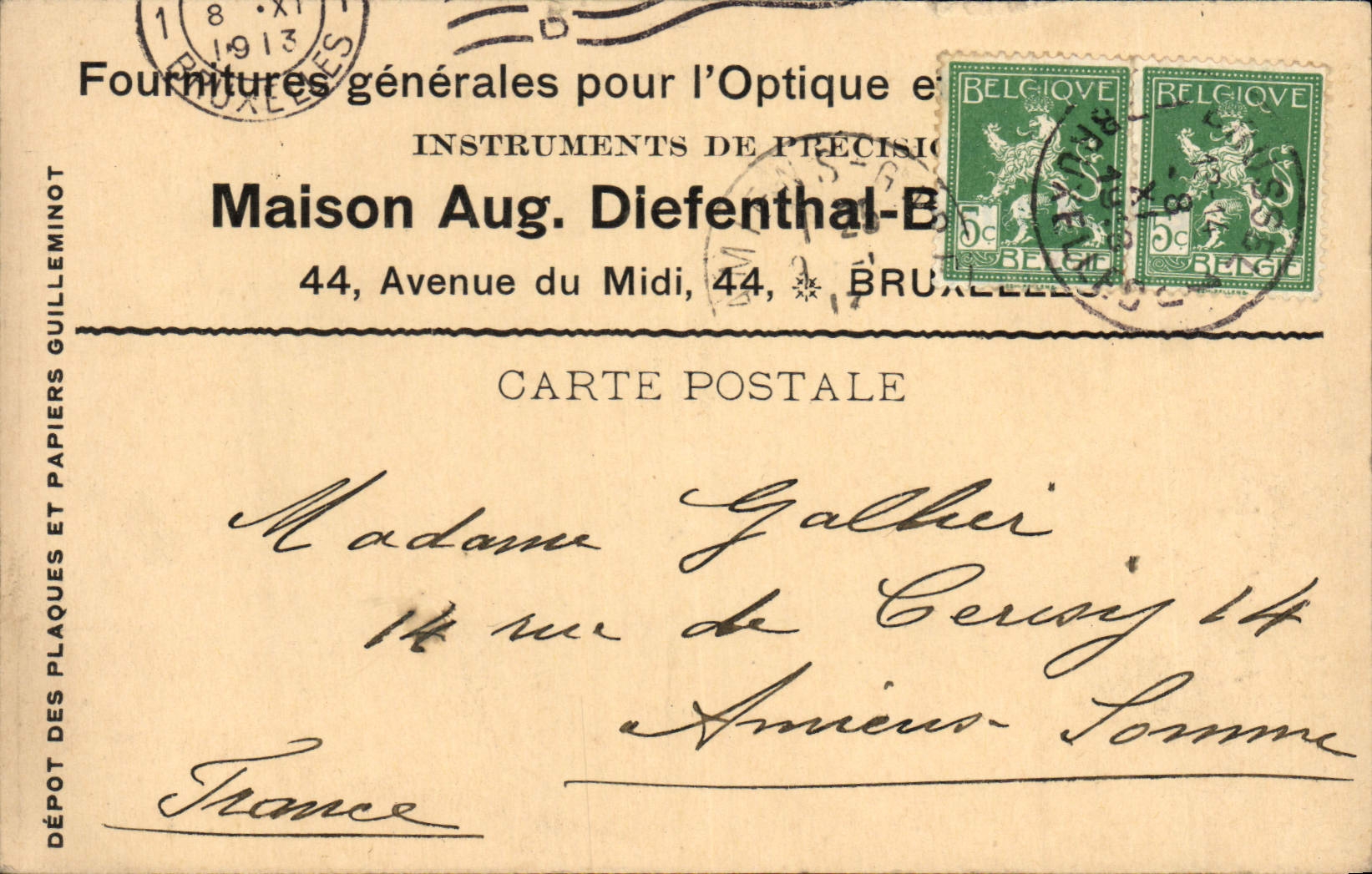 Entier Diefenthal Fournitures generale pour l'optique et la Photographie Avenue du Midi Bruxelles Optique