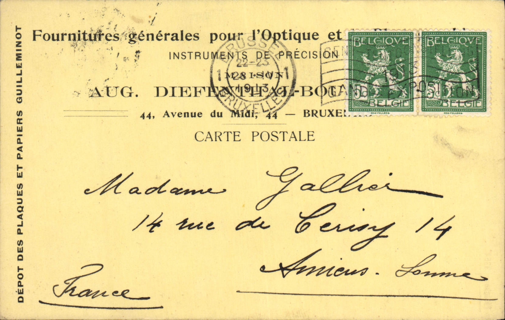 Entier Diefenthal Fournitures generale pour l'optique et la Photographie Avenue du Midi Bruxelles Optique